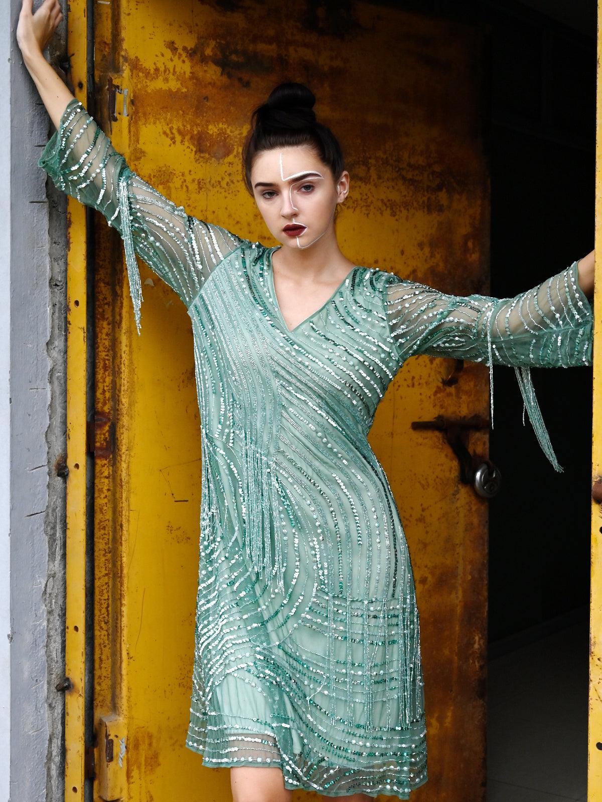 Odette Women Green Fabric Stitched Dress