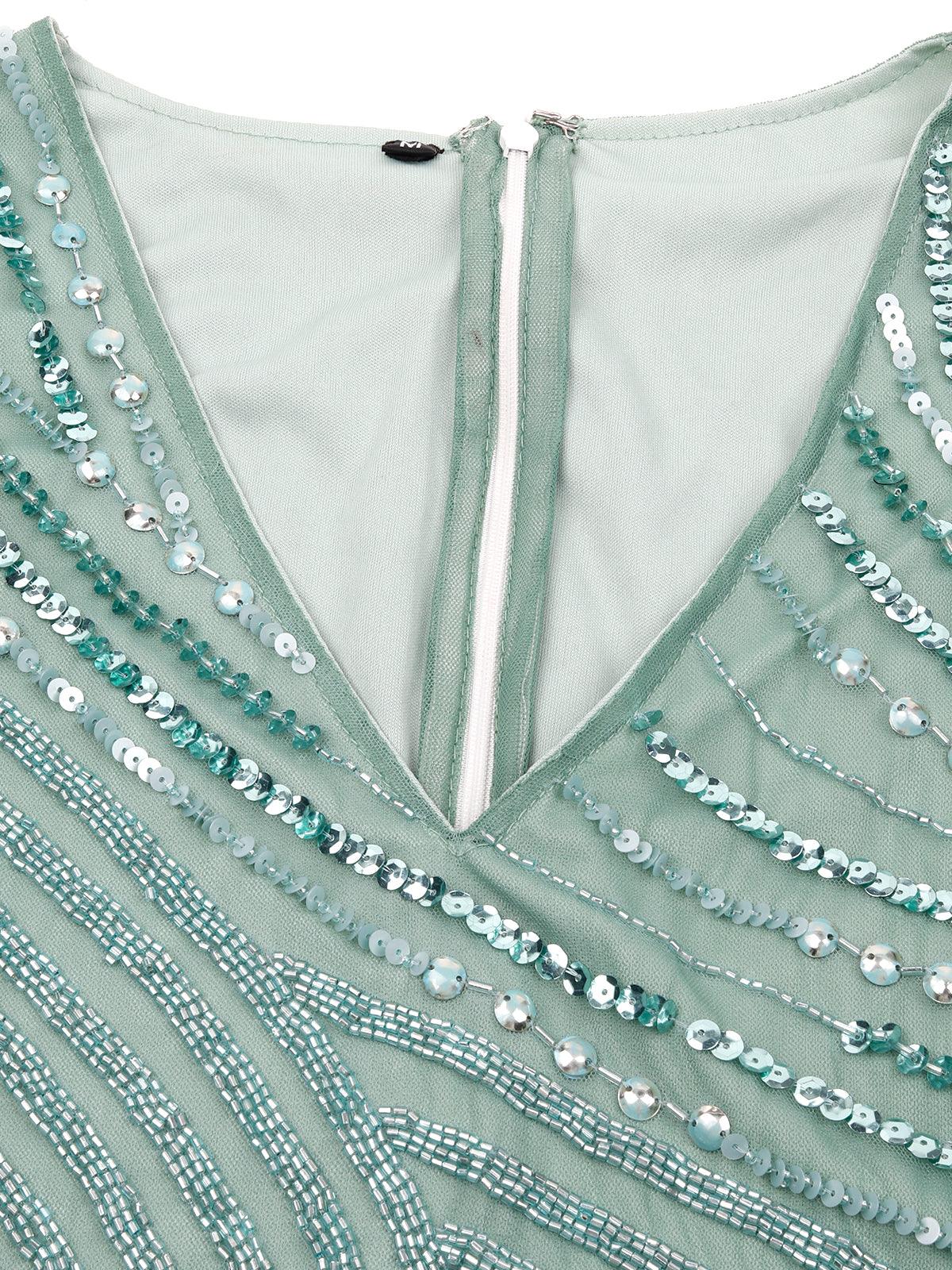 Odette Women Green Fabric Stitched Dress - Image 5