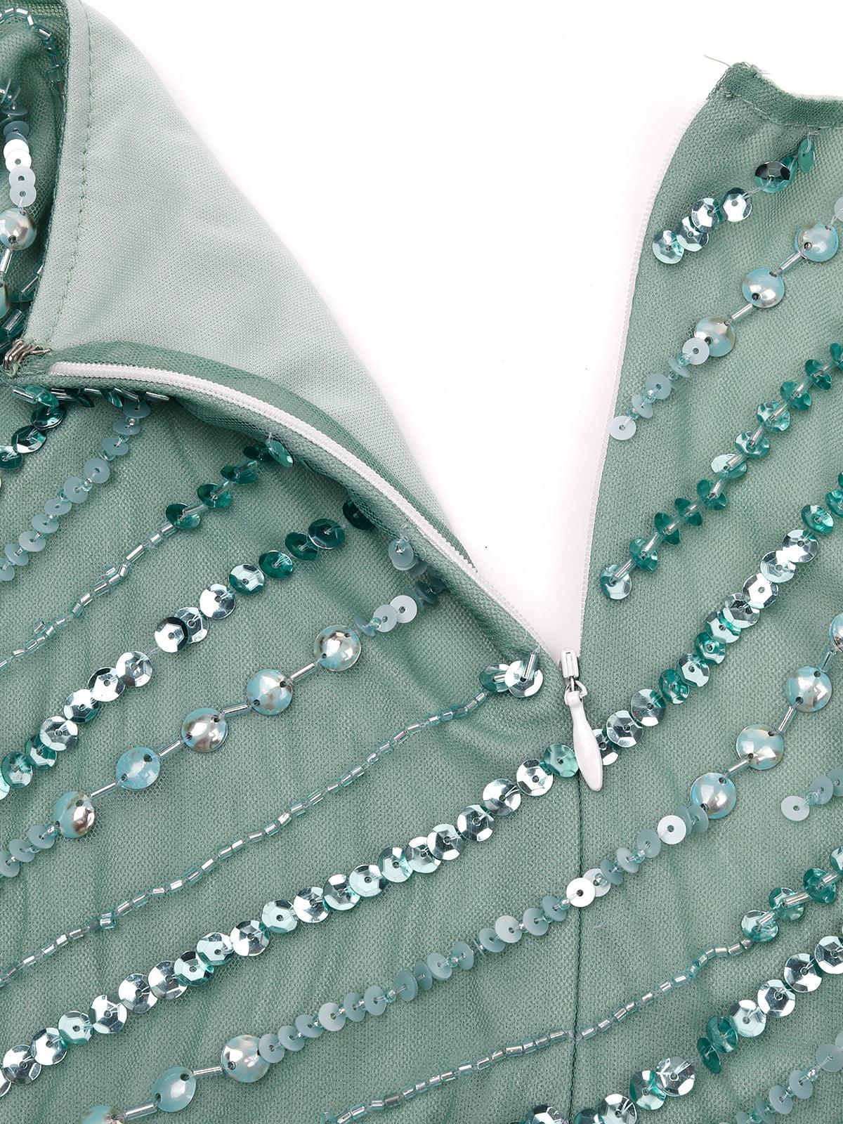 Odette Women Green Fabric Stitched Dress - Image 6