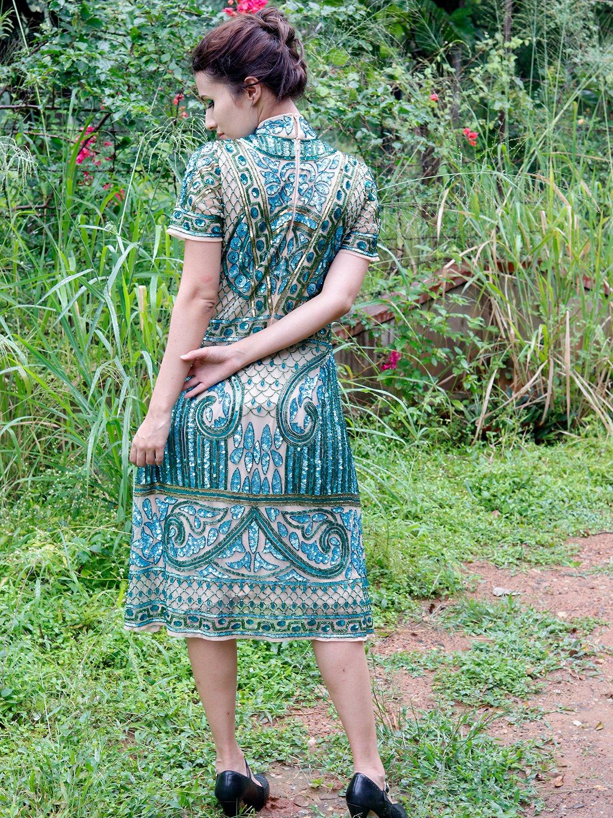 Odette Women Fully Beaded Turtle Neck Sequence Dress-Turquoise - Image 2