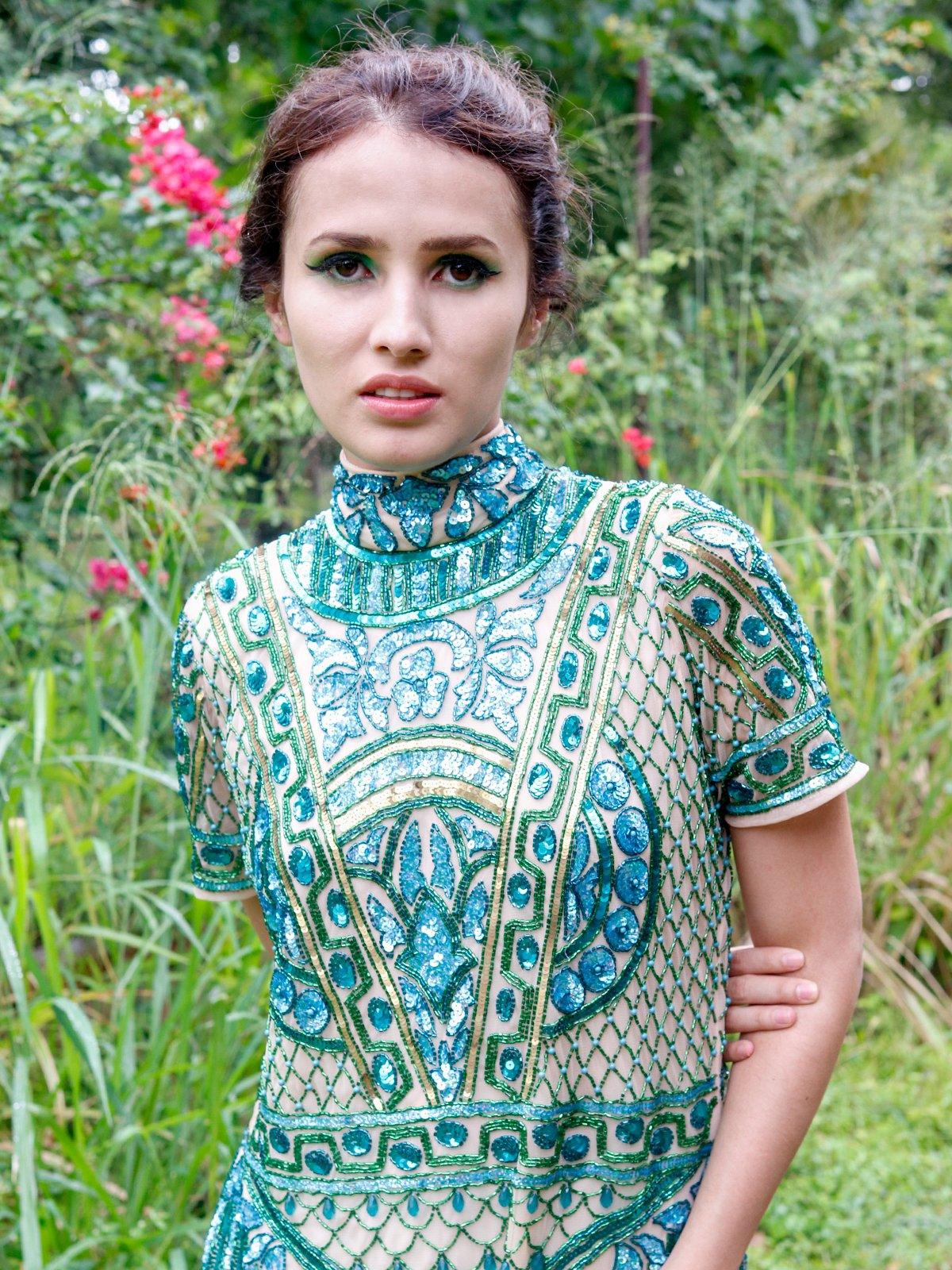 Odette Women Fully Beaded Turtle Neck Sequence Dress-Turquoise - Image 4