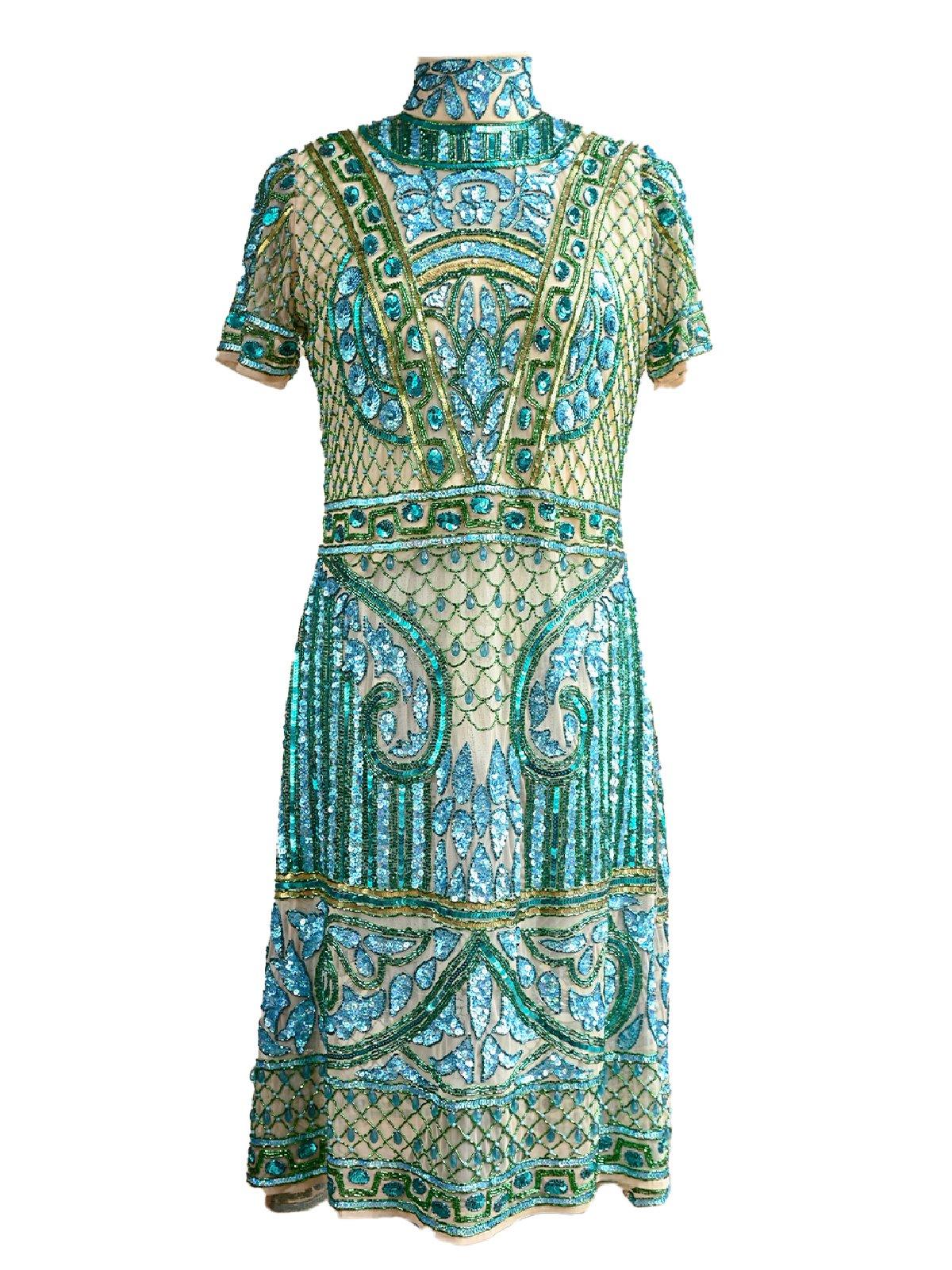 Odette Women Fully Beaded Turtle Neck Sequence Dress-Turquoise - Image 5