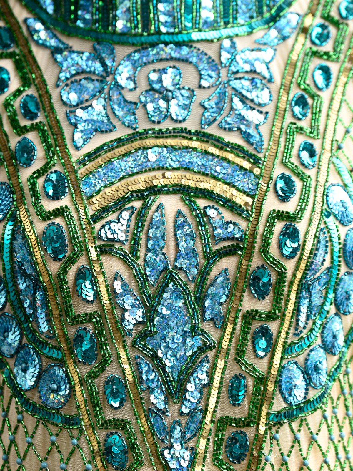 Odette Women Fully Beaded Turtle Neck Sequence Dress-Turquoise - Image 8