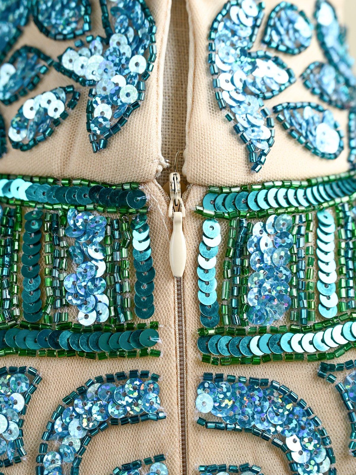 Odette Women Fully Beaded Turtle Neck Sequence Dress-Turquoise - Image 9