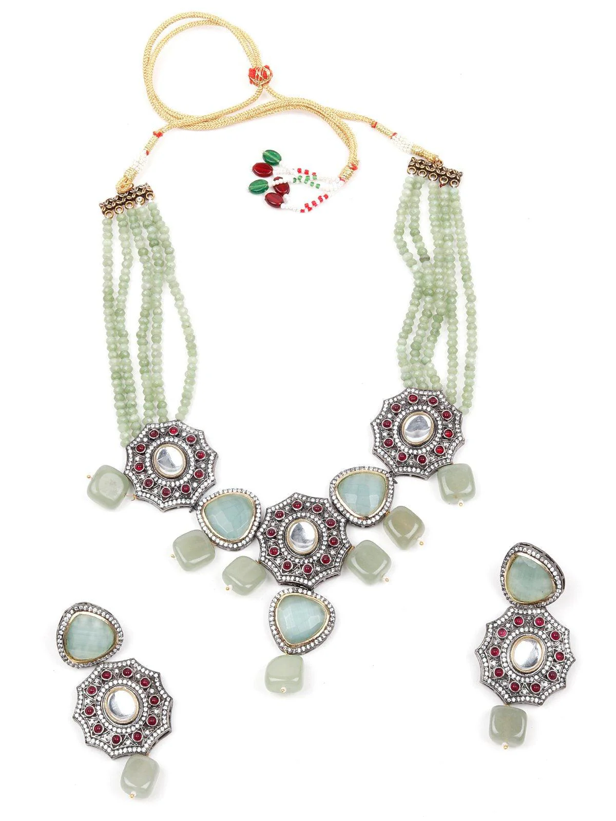 Odette Women Geometric Sea Green Stone Floral Statement Necklace Set. - Image 3