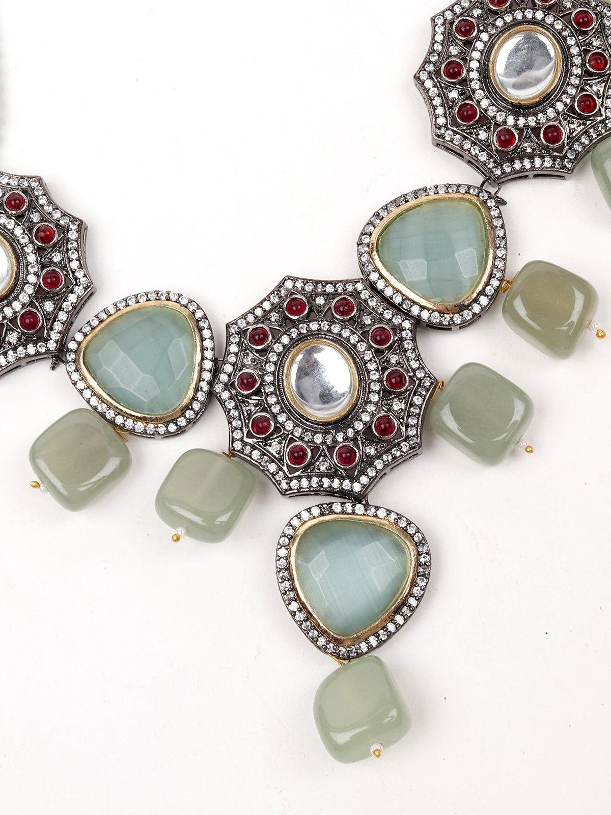 Odette Women Geometric Sea Green Stone Floral Statement Necklace Set. - Image 5