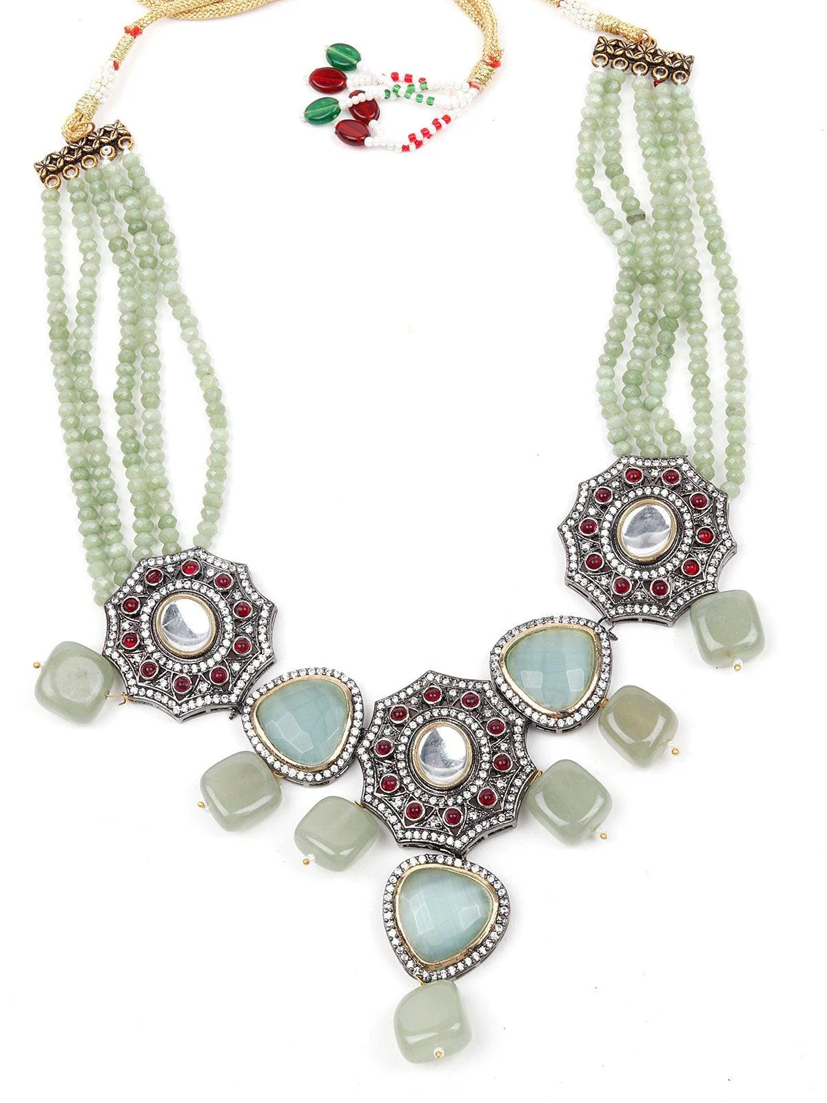 Odette Women Geometric Sea Green Stone Floral Statement Necklace Set. - Image 6