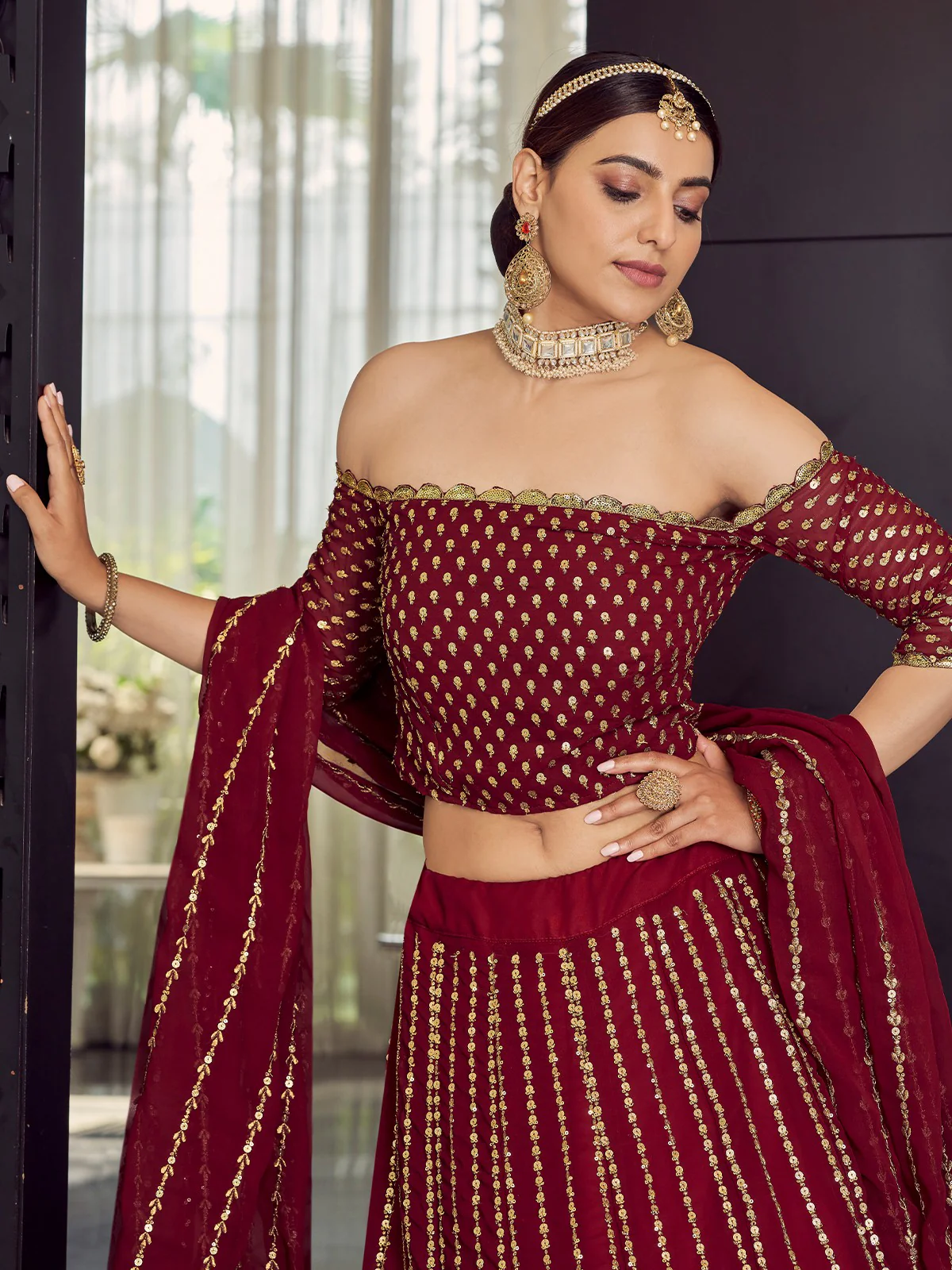 Odette Women Georgette Maroon Semi Stitched Lehenga With Unstitched Blouse - Image 3