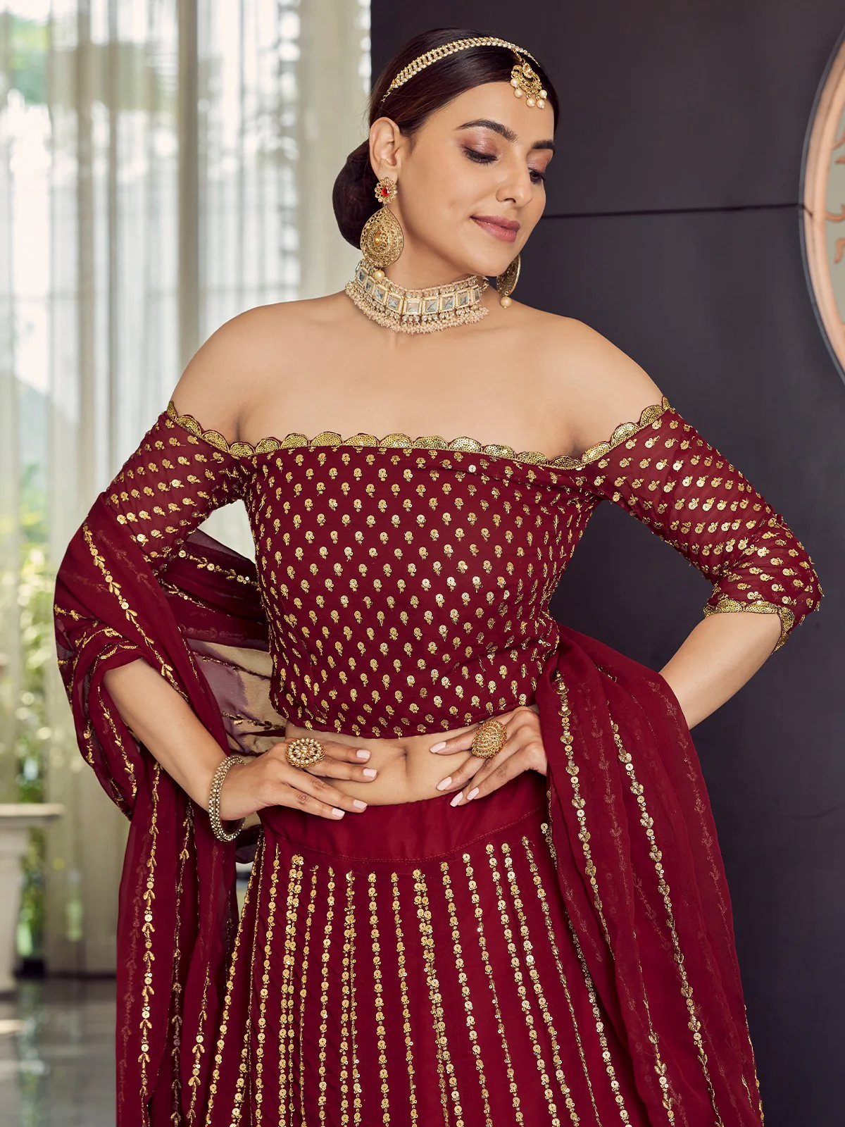 Odette Women Georgette Maroon Semi Stitched Lehenga With Unstitched Blouse - Image 4