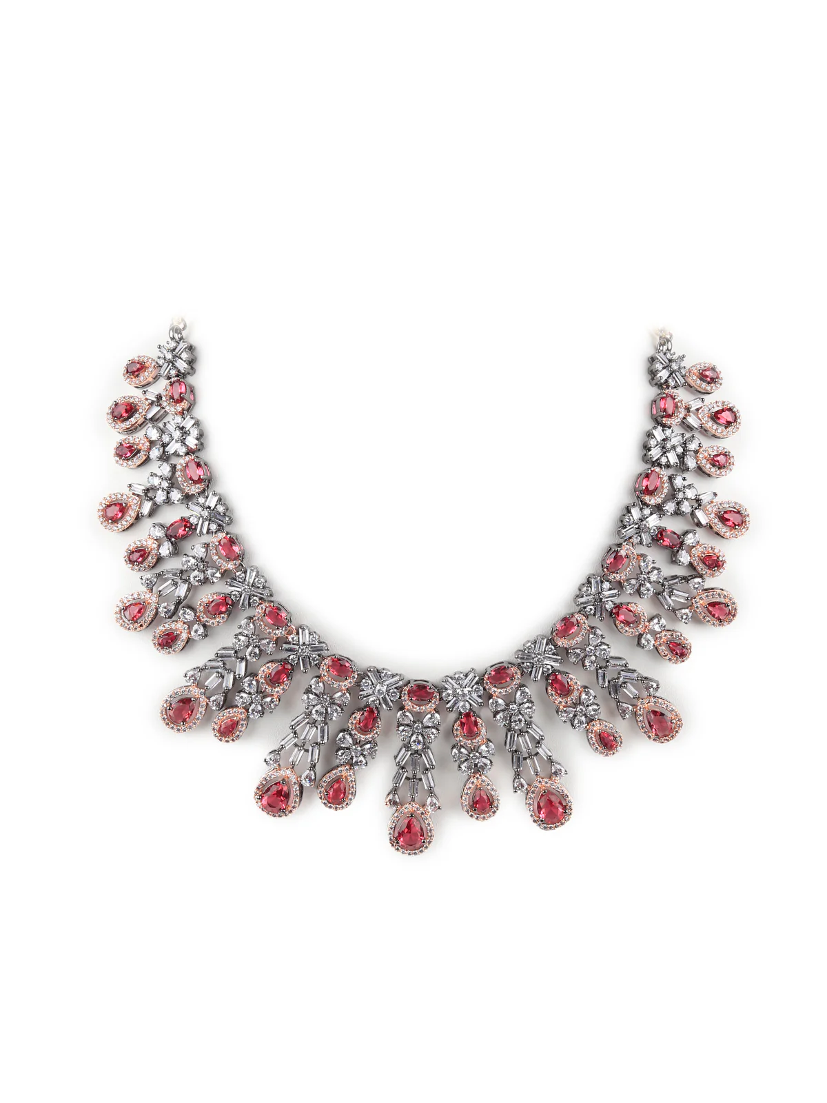 Odette Women German Rhodium And Pink Stone Studded Necklace Set - Image 4