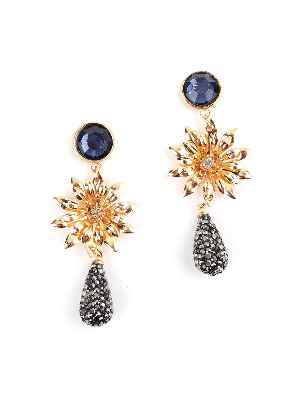 Odette Women Gold And Blue Delicate Flower Drop Earrings - Image 3