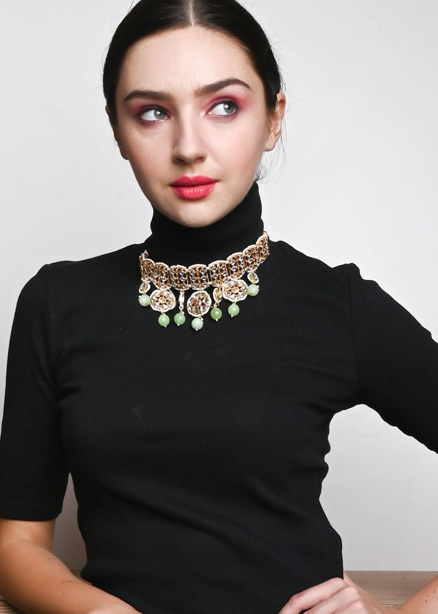 Odette Women Gold Green Traditional Choker Set - Image 2