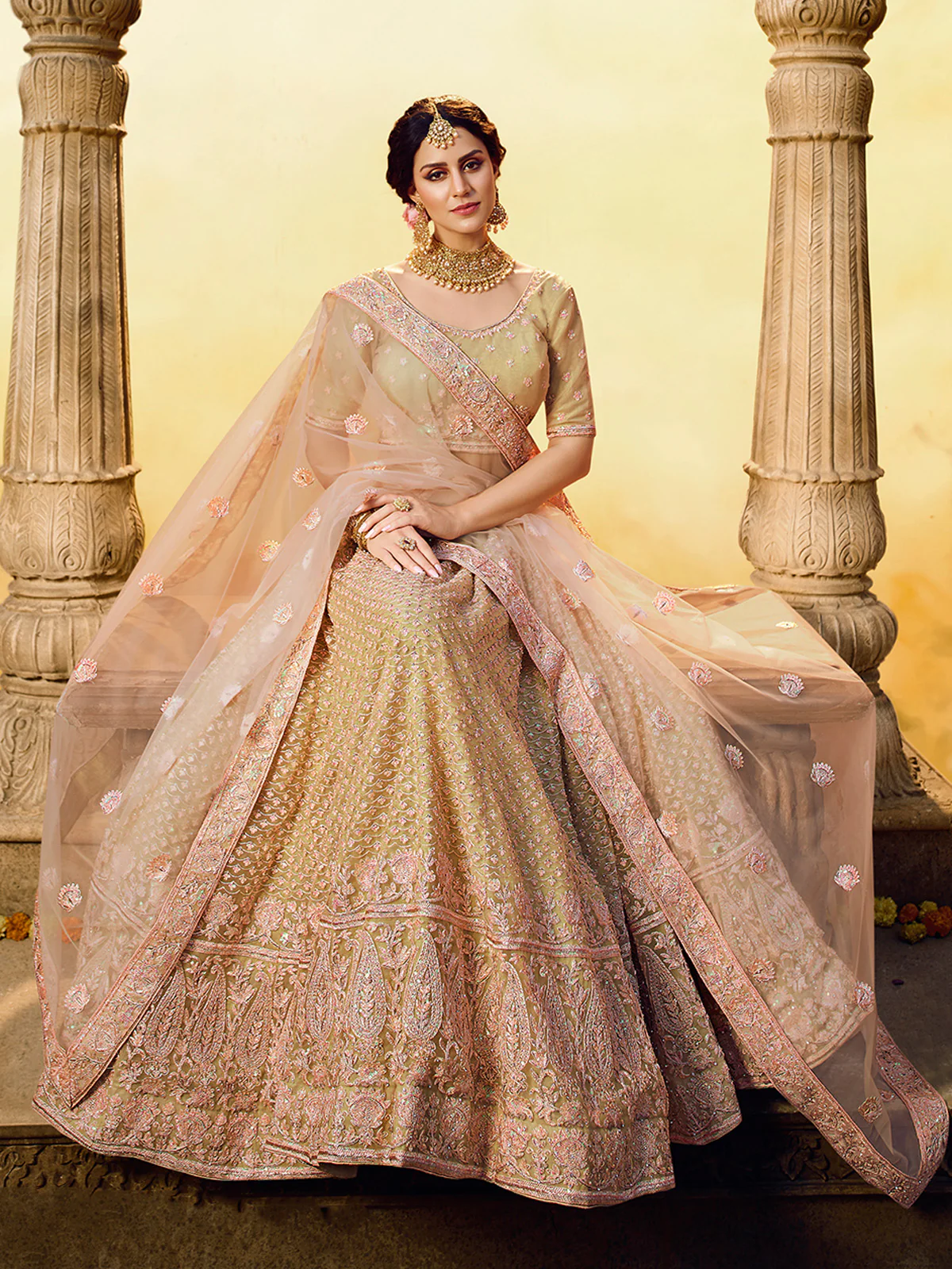 Odette Women Gold Embroidered Soft Net Semi Stitched Lehenga With Unstitched Blouse - Image 2