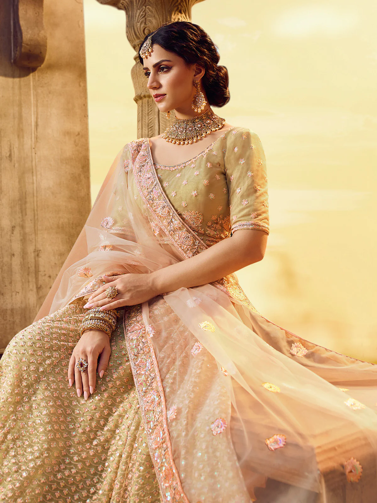 Odette Women Gold Embroidered Soft Net Semi Stitched Lehenga With Unstitched Blouse - Image 4