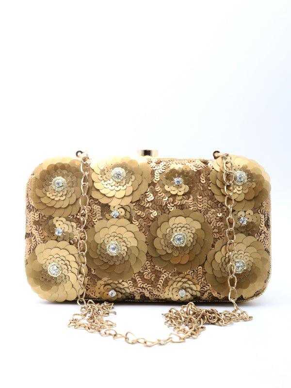 Odette Women Gold Sequined Flower Clutch - Image 4