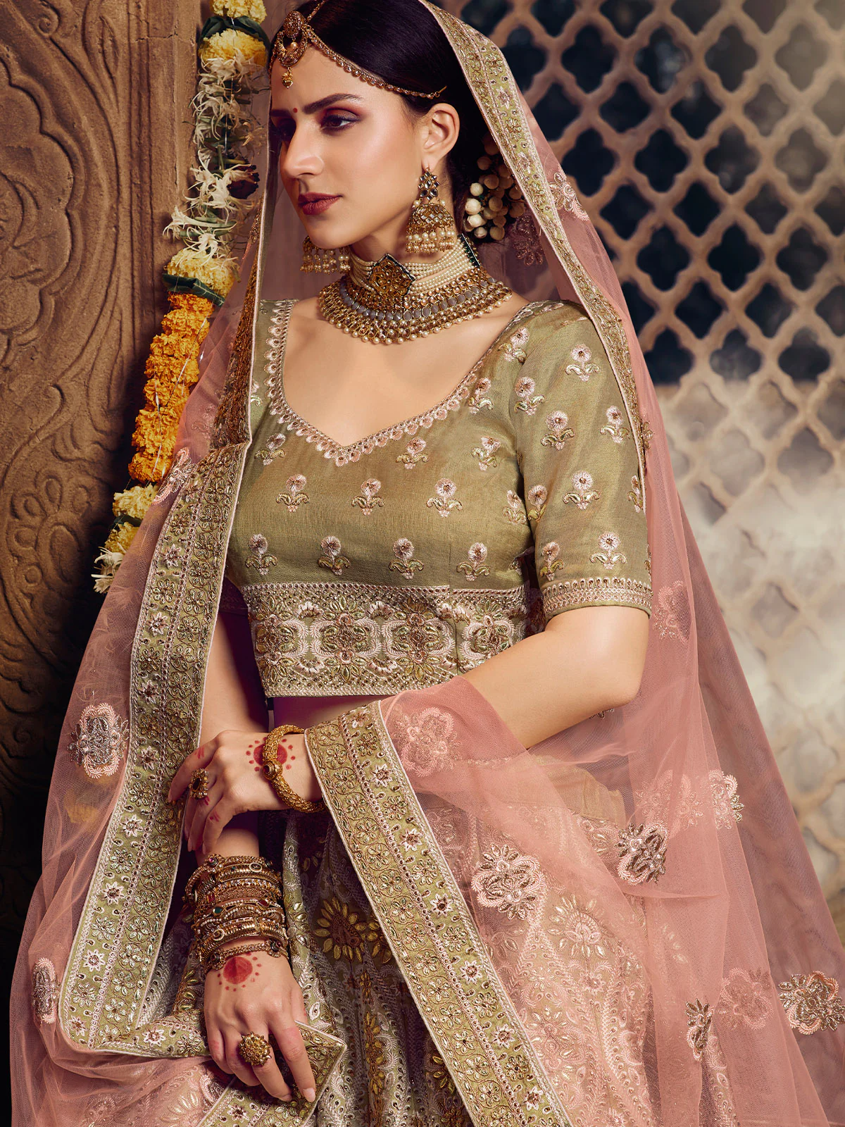 Odette Women Olive Embroidered Soft Net Semi Stitched Lehenga With Unstitched Blouse - Image 3
