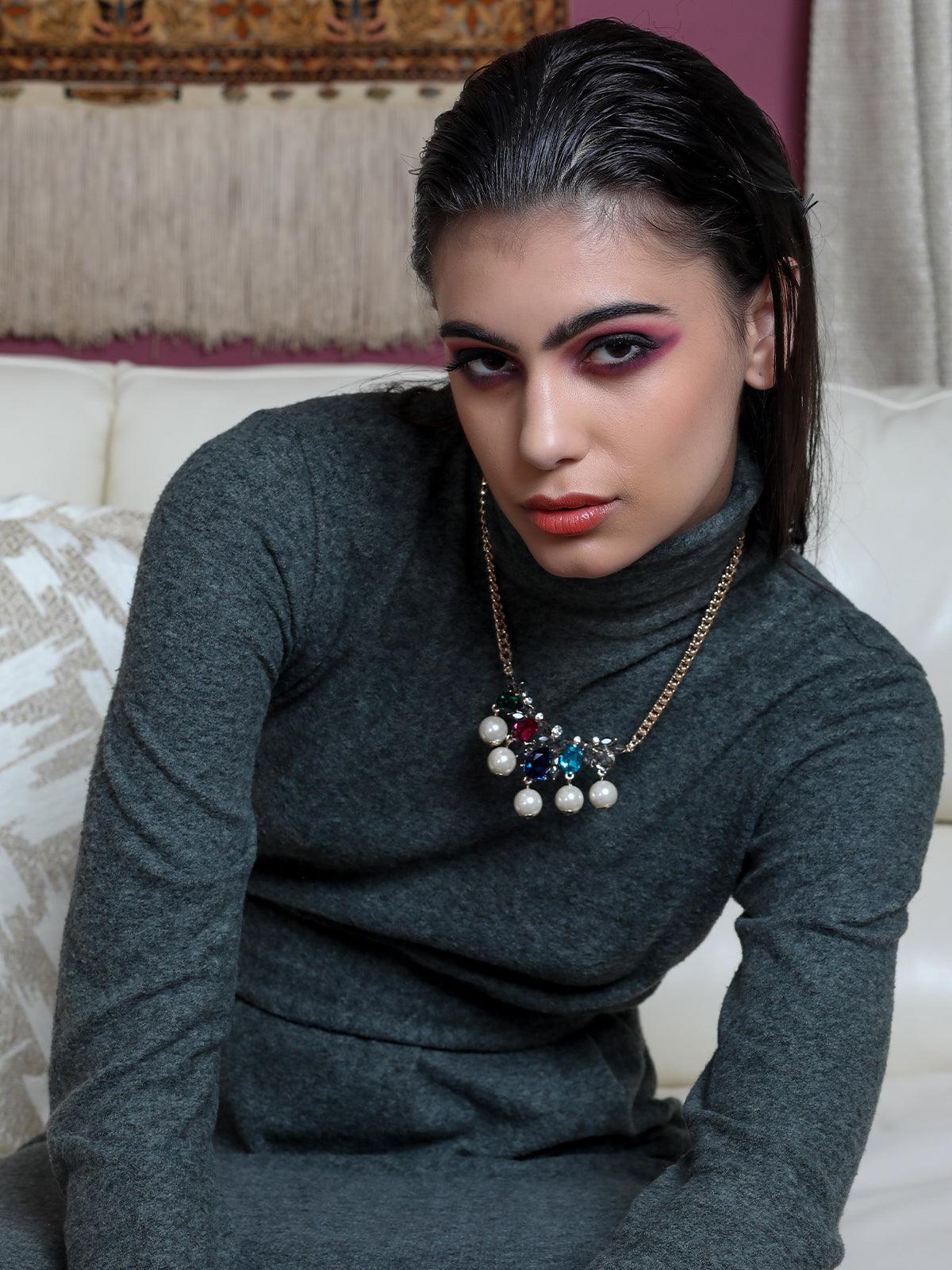 Odette Women Gold Tone Chain With Multicoloured Stones Embellishment Neckpiece