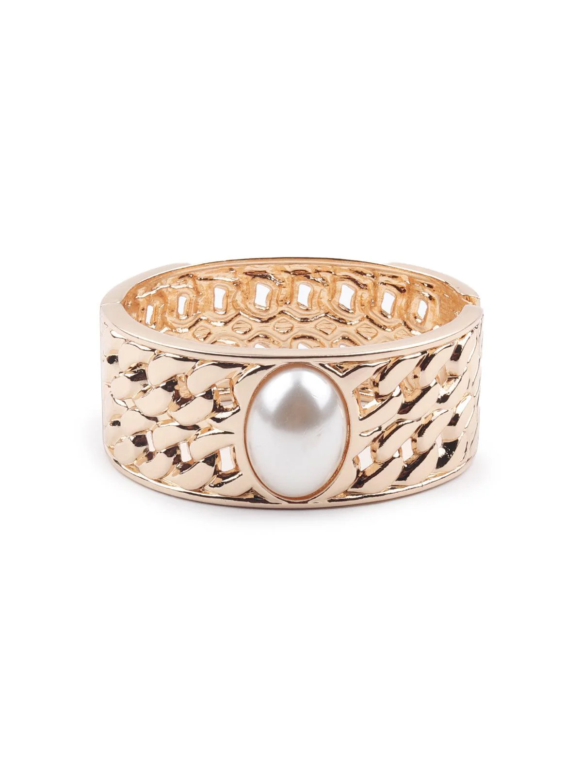 Odette Women Gold-Tone Textured Stunning White Pearl Embellished Bracelet - Image 3