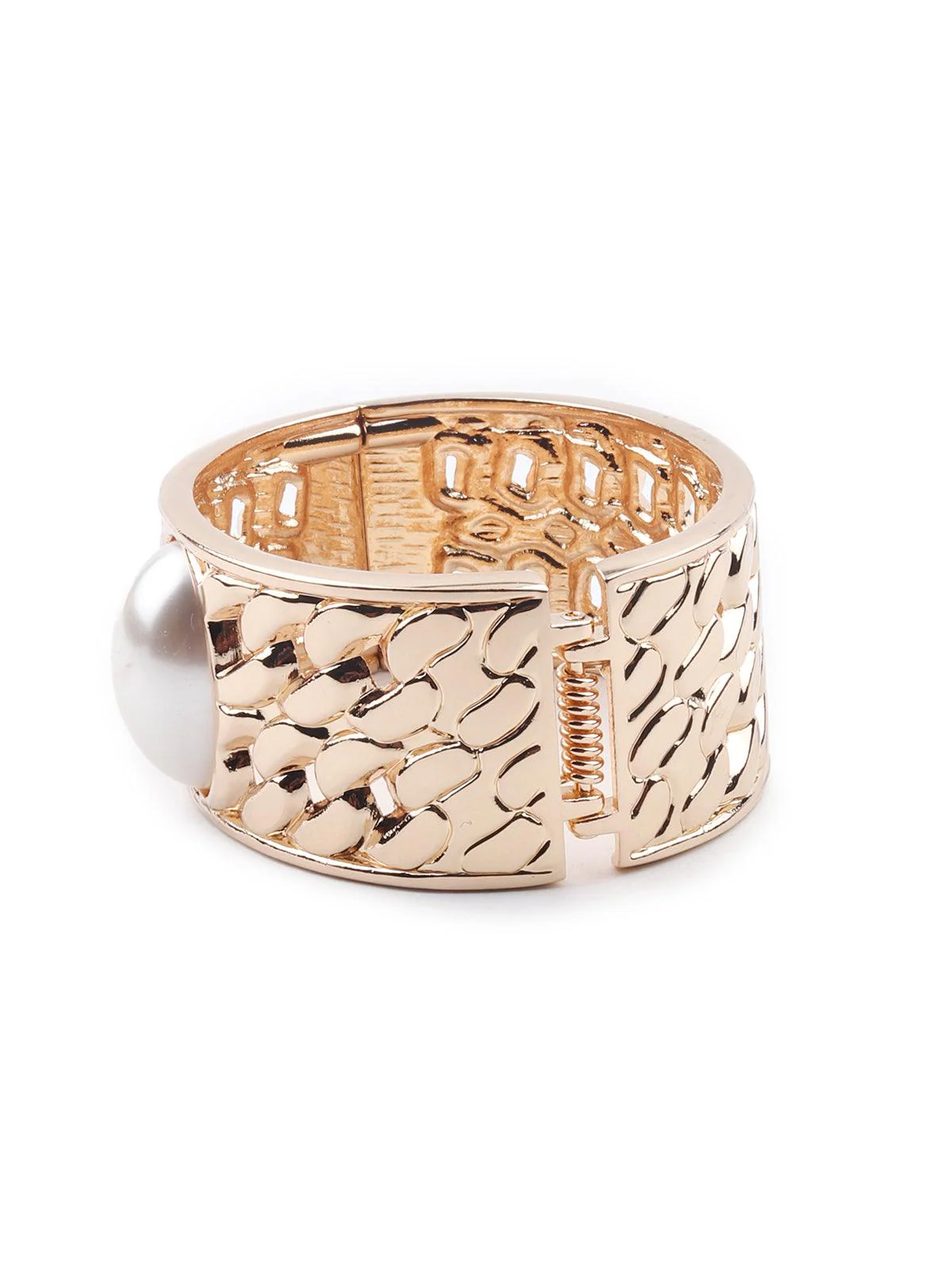 Odette Women Gold-Tone Textured Stunning White Pearl Embellished Bracelet - Image 7