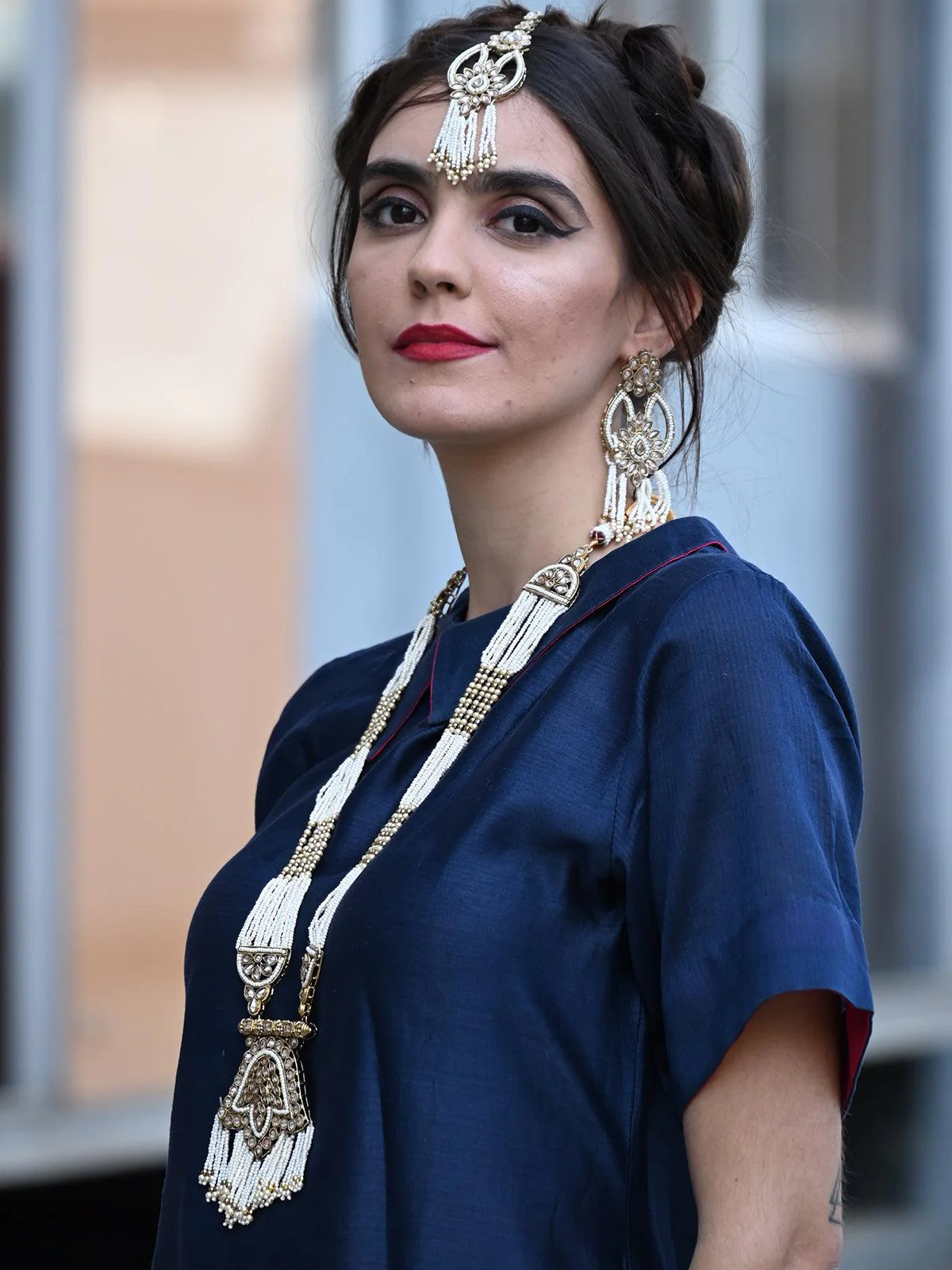 Odette Women Golden And White Traditional Pearl Jewellery Set - Image 2