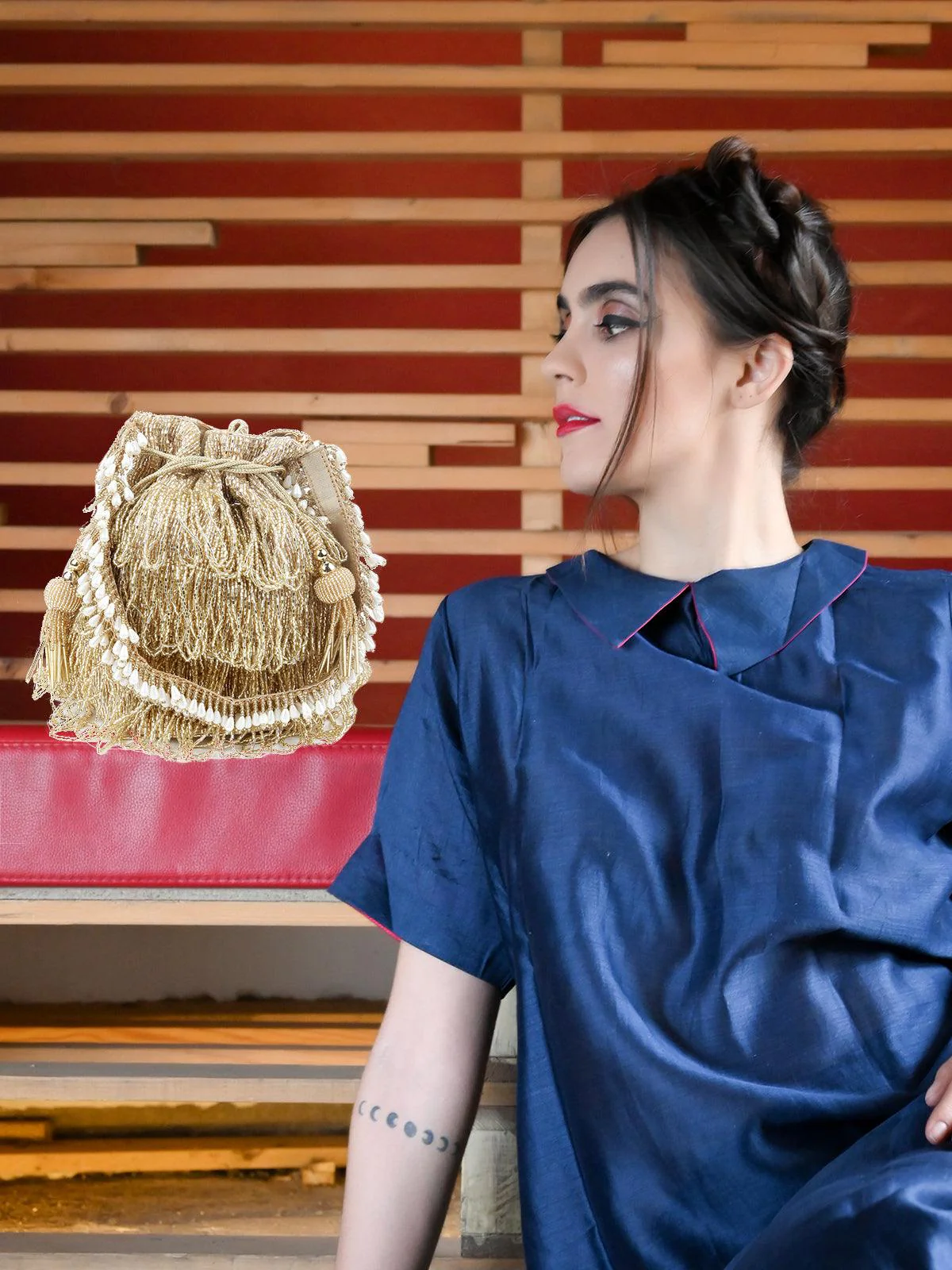 Odette Women Golden Binge Potli Bag