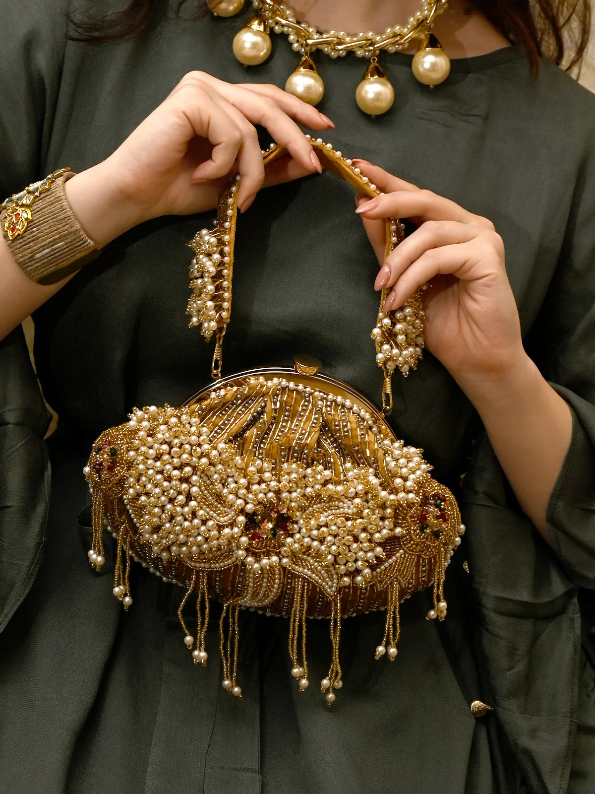 Odette Golden Embellished Clutch Bag For Women - Image 2