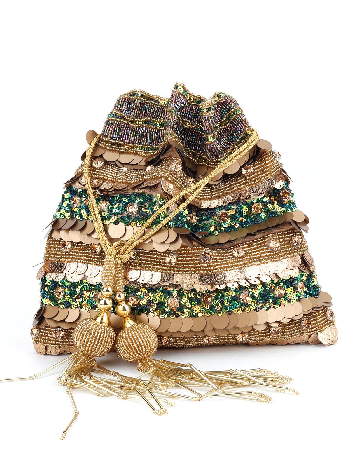 Odette Women Golden Heavily Sequins Traditional Potli - Image 3