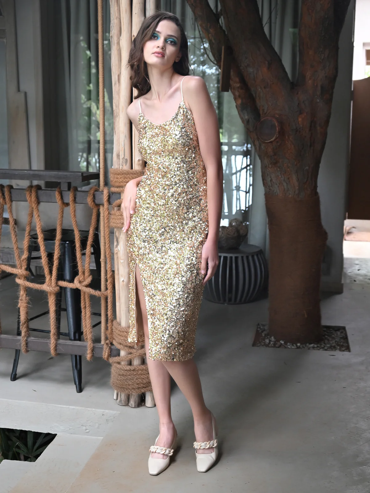 Odette Women Golden Net Lycra With Sequins A Line Dress - Image 3