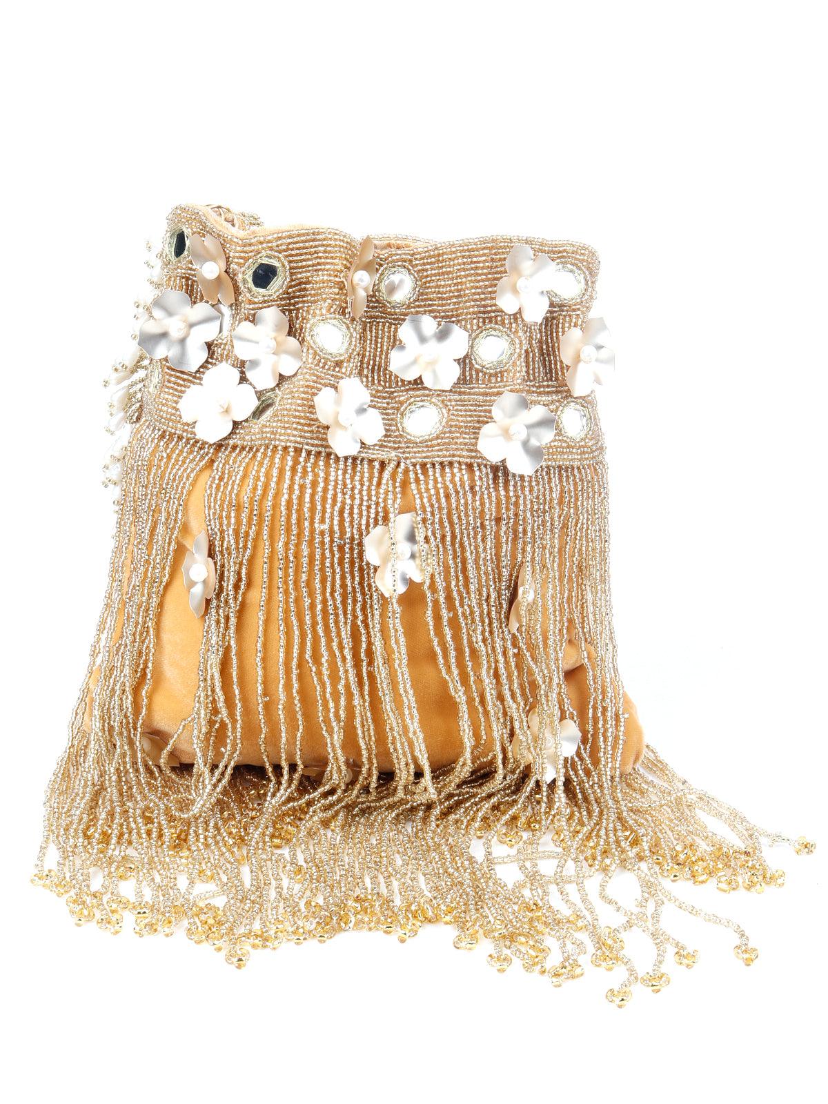 Odette Women Golden Pearl Potli Bag - Image 3