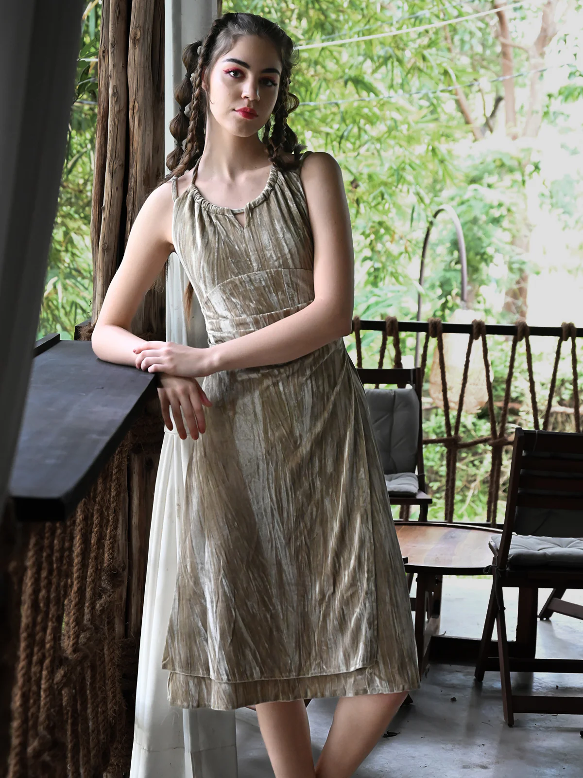 Odette Women Golden Pleated Velvet Lycra Long Stitched Dress - Image 3