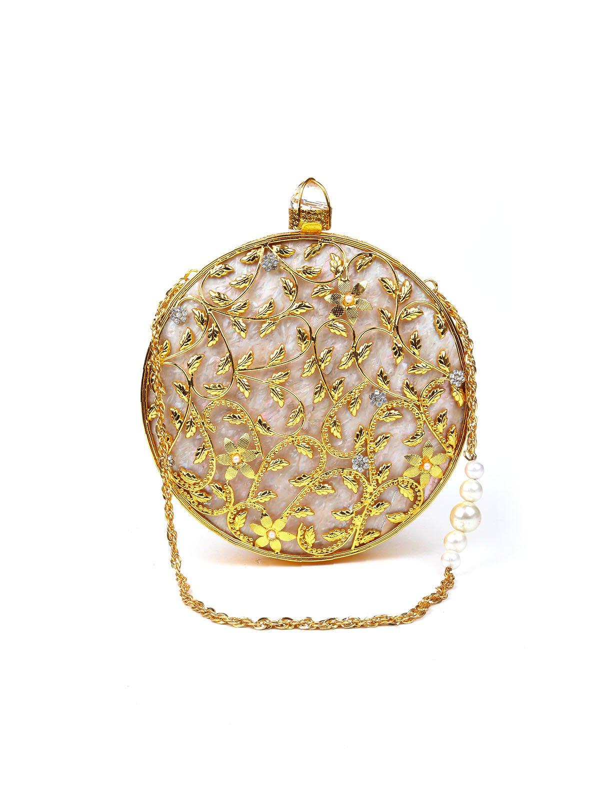 Odette Women Gold Metal And Fabric Clutch - Image 3