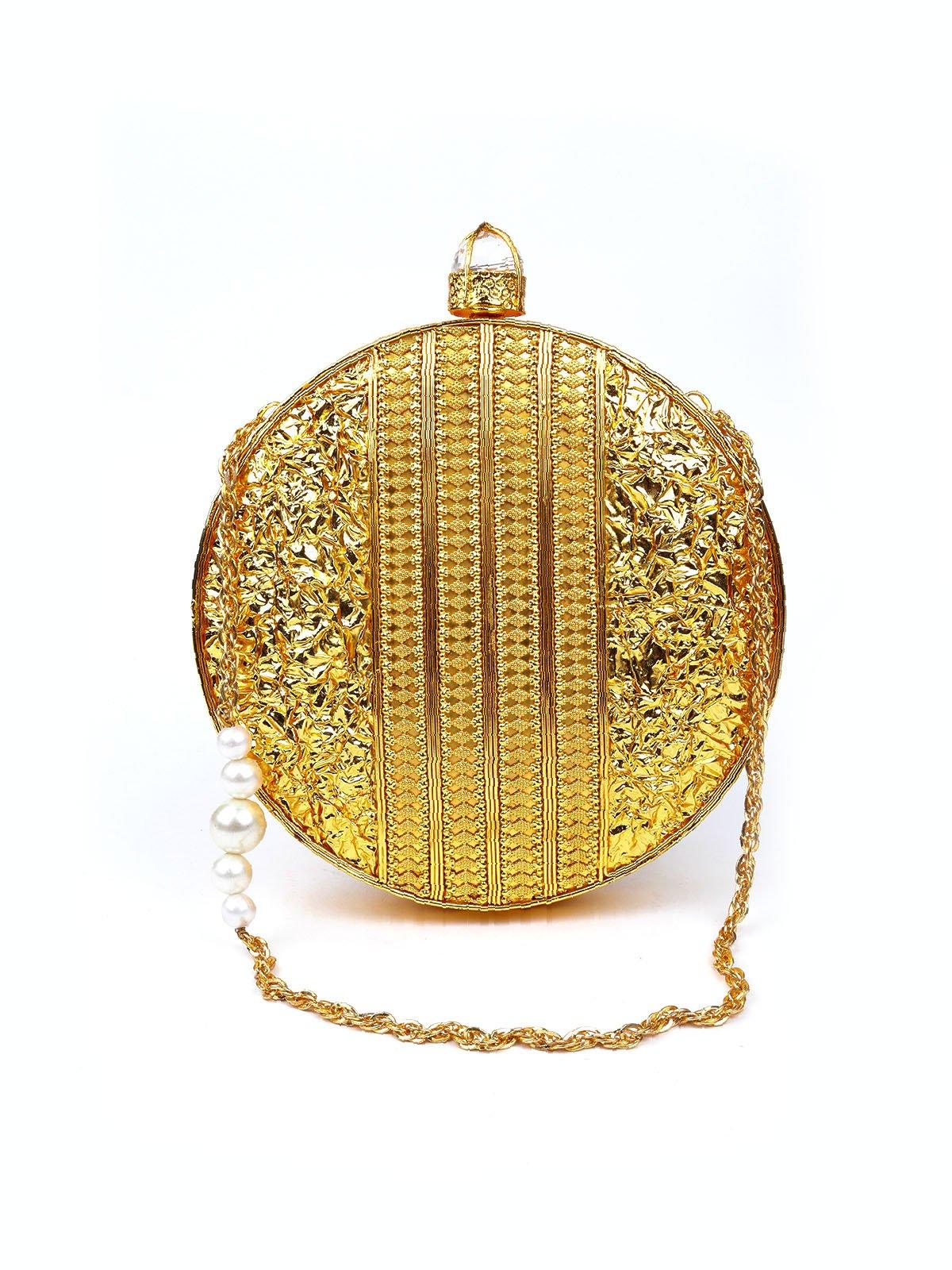 Odette Women Gold Metal And Fabric Clutch - Image 5