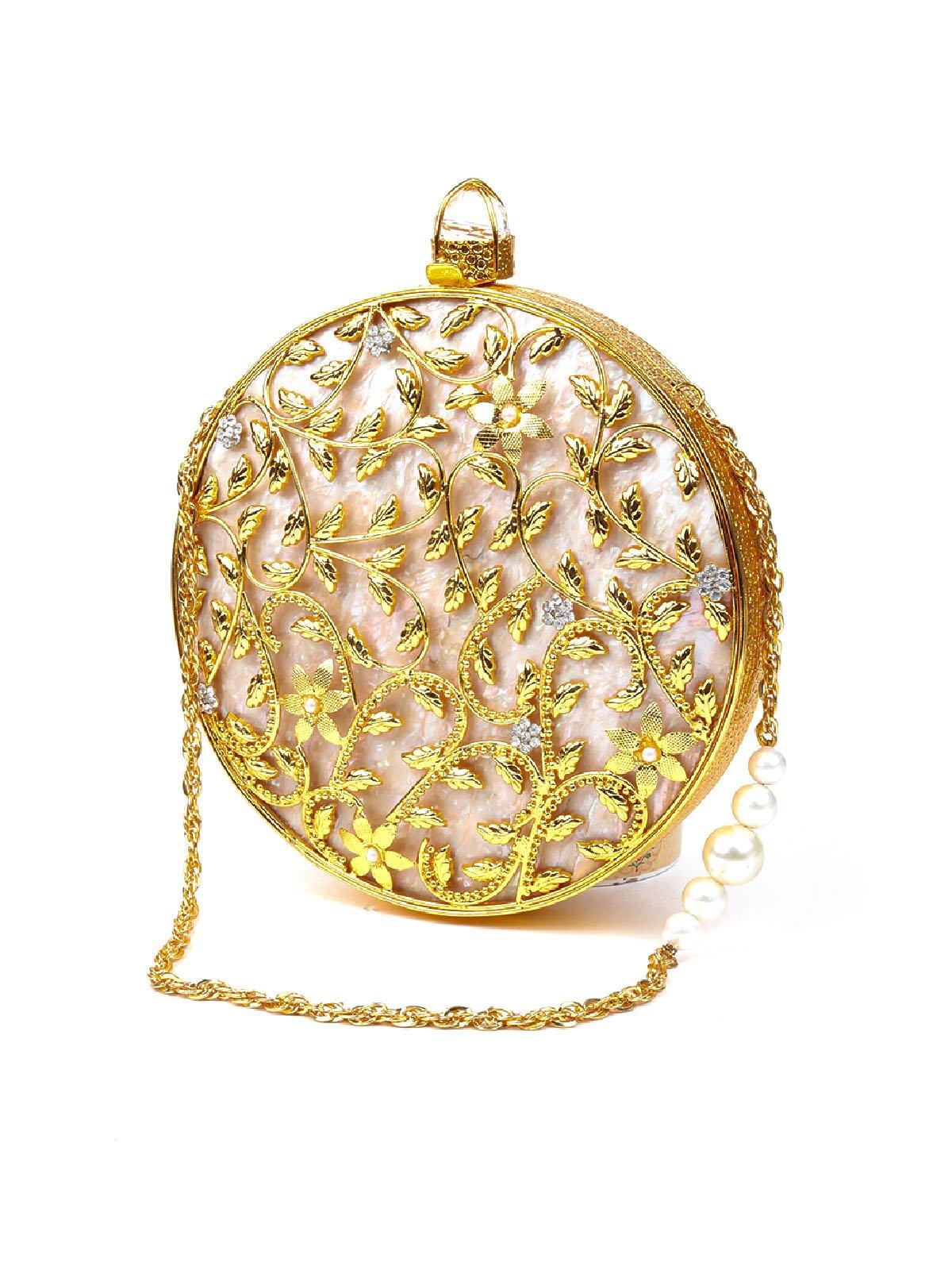 Odette Women Gold Metal And Fabric Clutch - Image 6