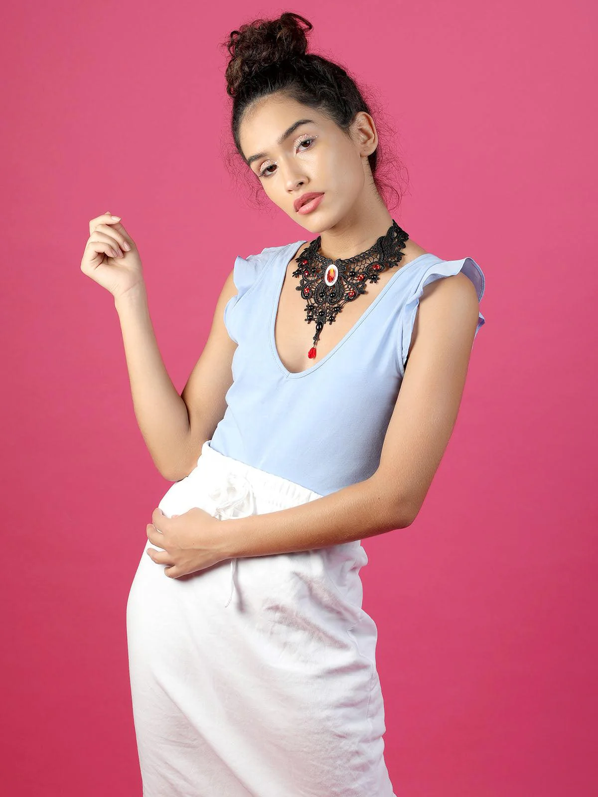 Odette Women Gorgeous Black Lace Embellished Necklace - Image 2