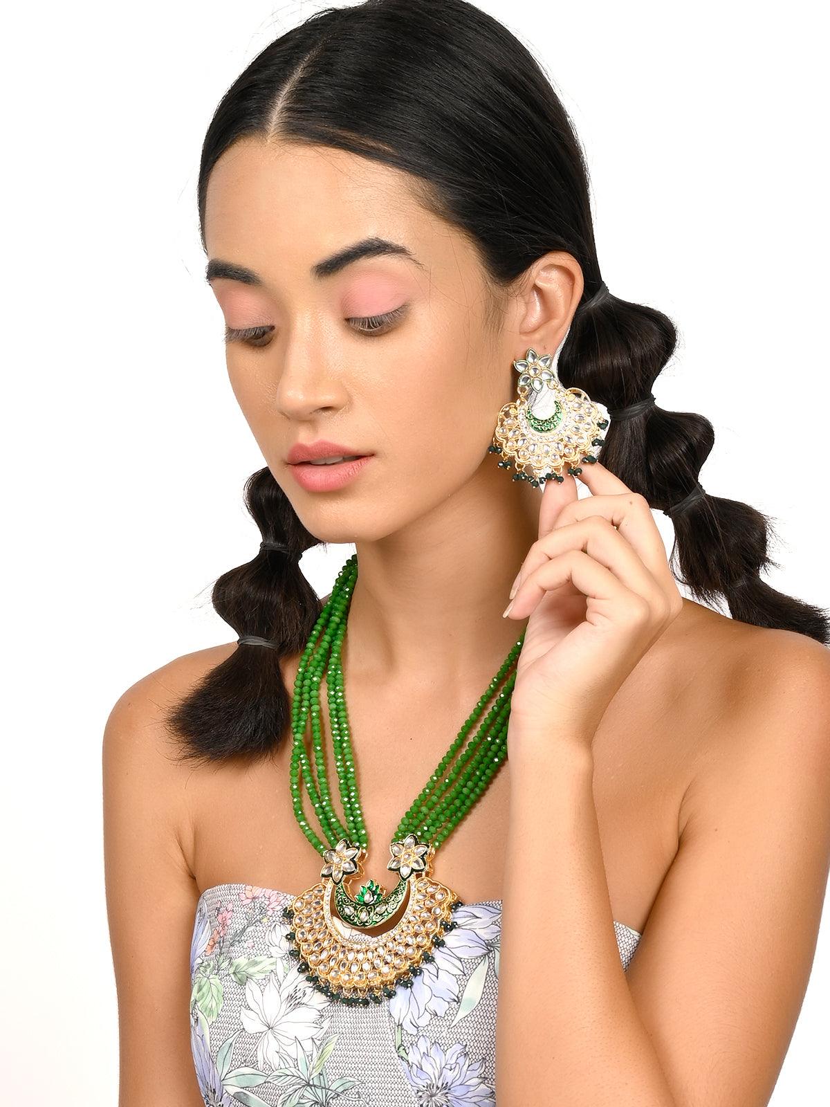 Odette Women Gorgeous Green Long Mala Necklace Set