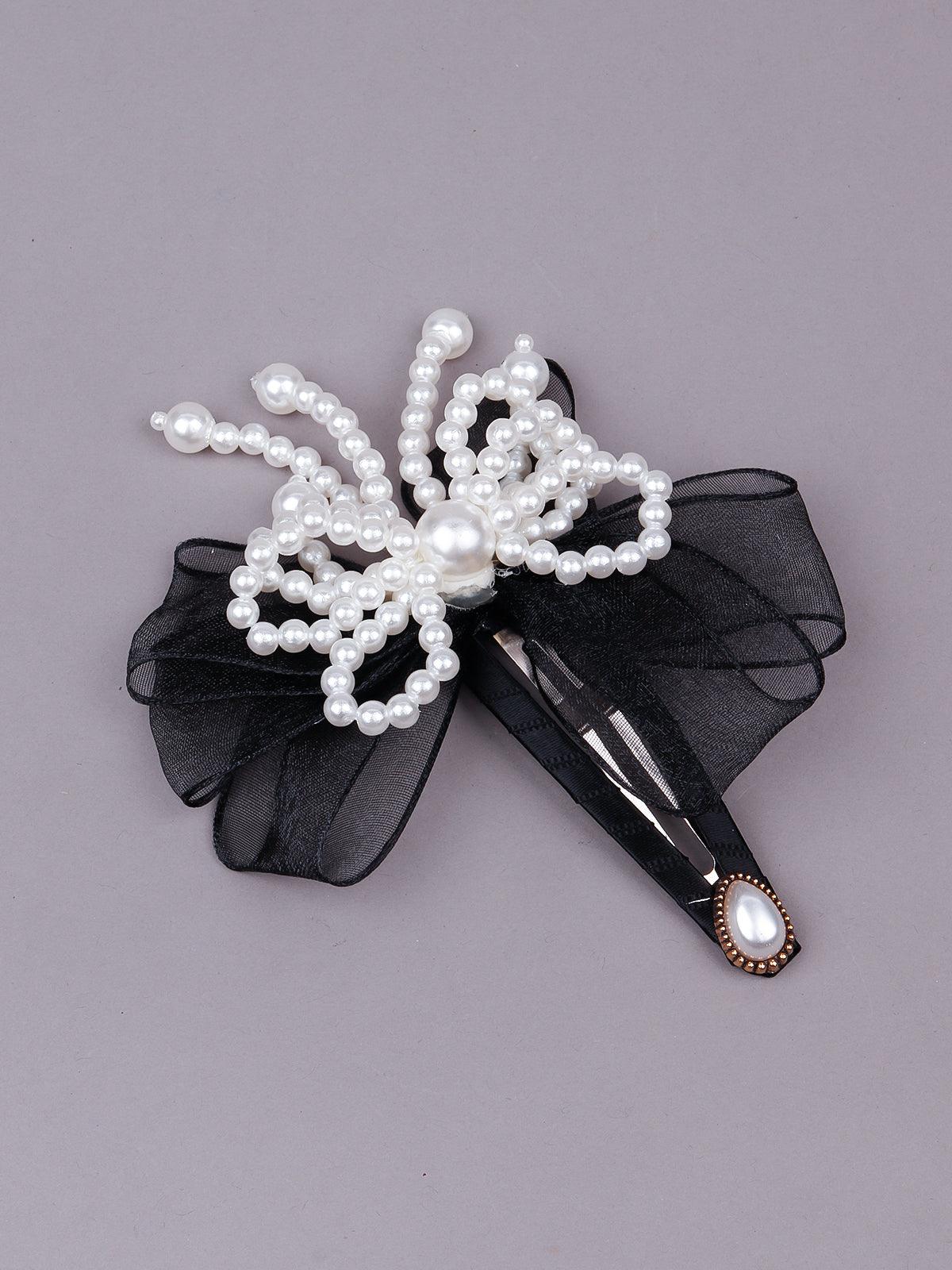 Odette Women Black Bow Hair-Clips Embellished With Artificial Pearls - Image 2