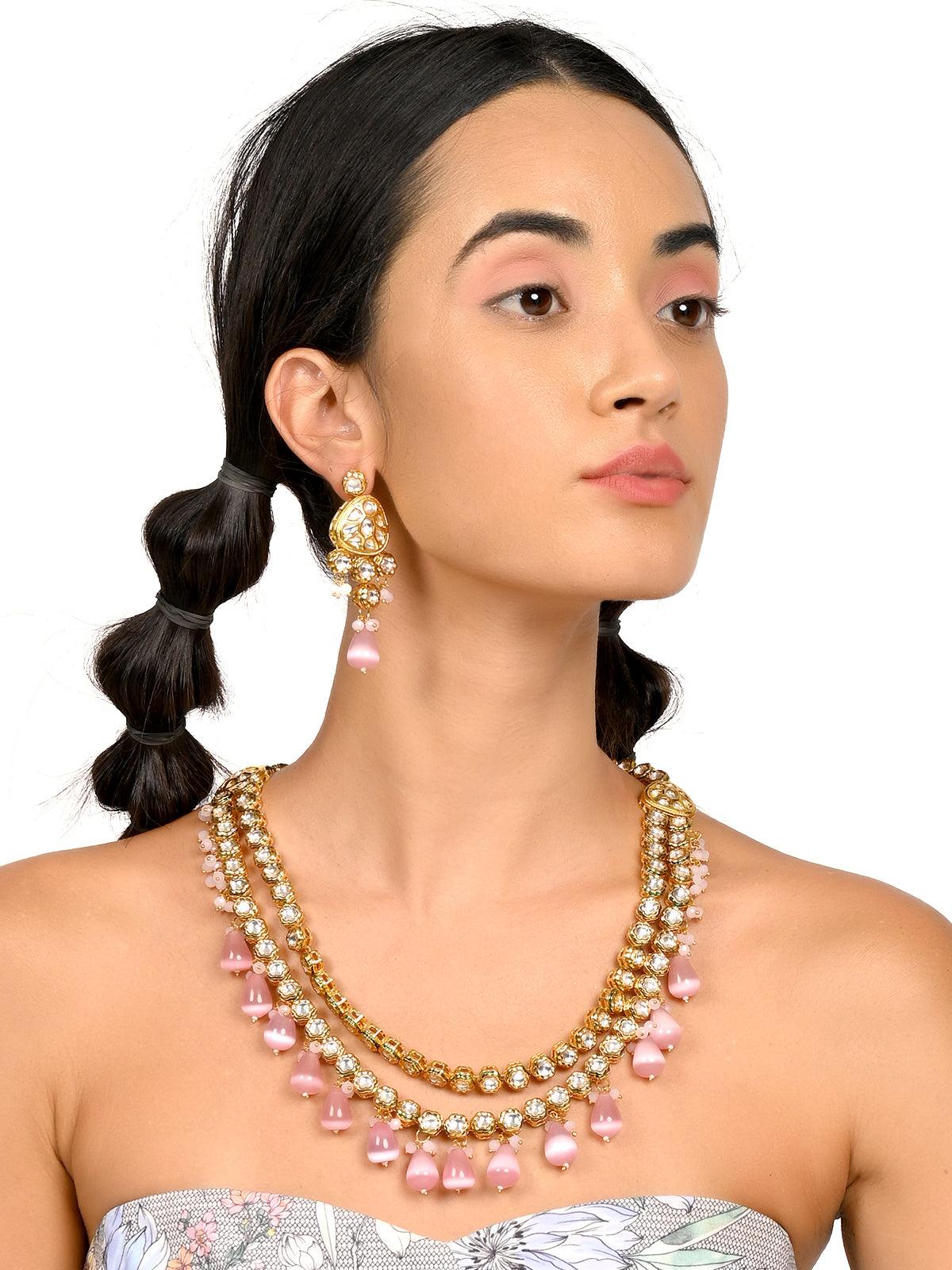 Odette Women Gorgeous Pink Kundan Work Necklace Set