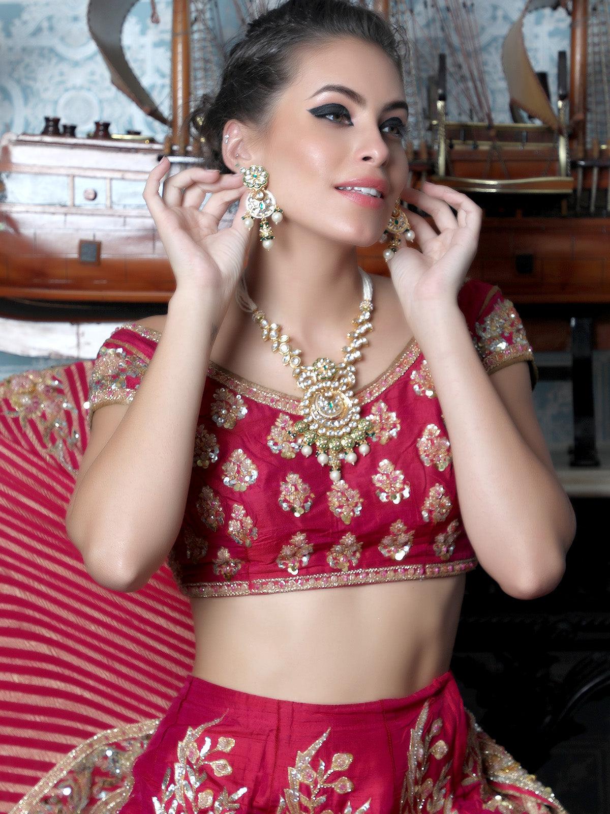 Odette Gorgeous Green And Gold Traditional Long Necklace Set For Women - Image 2