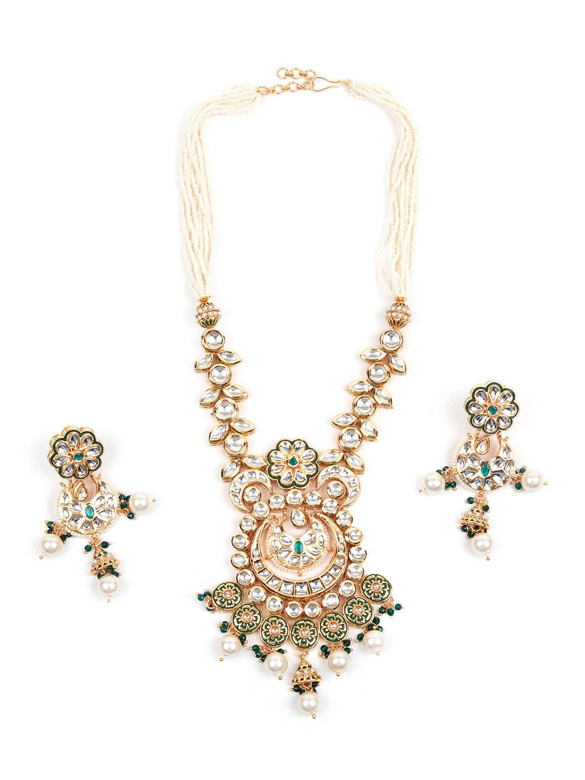 Odette Gorgeous Green And Gold Traditional Long Necklace Set For Women - Image 3