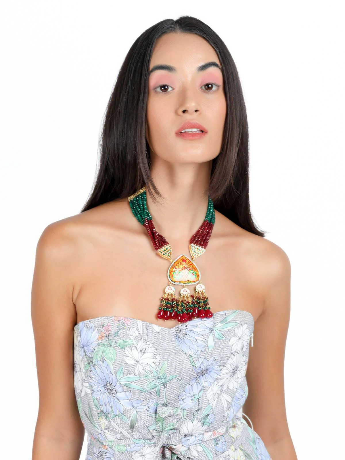 Odette Gorgeous Red And Green Statement Necklace Set For Women - Image 2