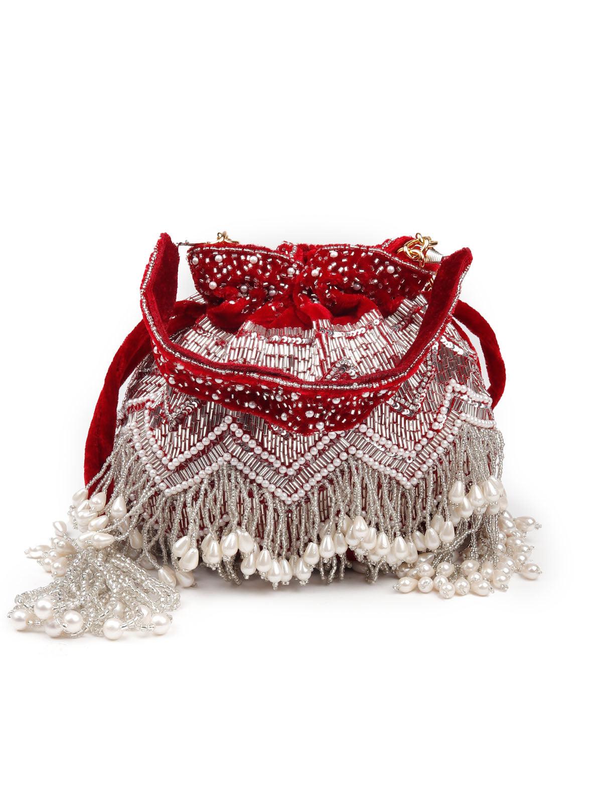 Odette Women Gorgeous Red Embellished Potli Bag - Image 3