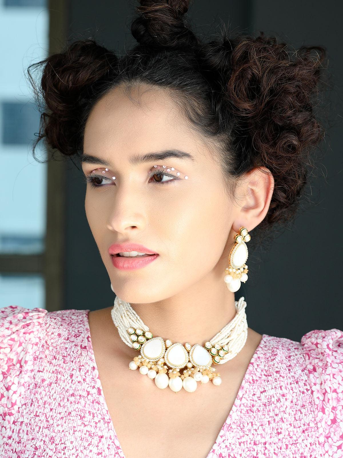 Odette Gorgeous White Beaded Statement Necklace Set For Women - Image 2