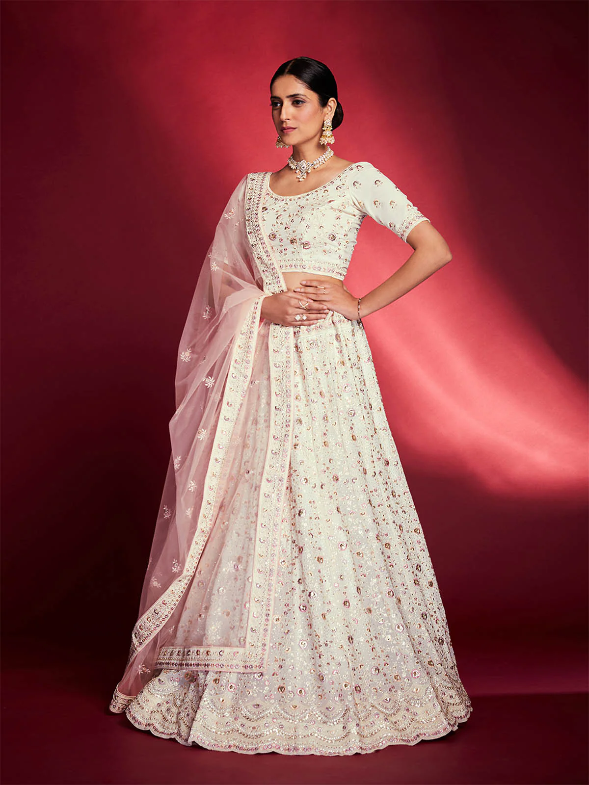 Odette Women Gorgeous White Georgette Embroidered Semi Stitched Lehenga Choli - Image 3