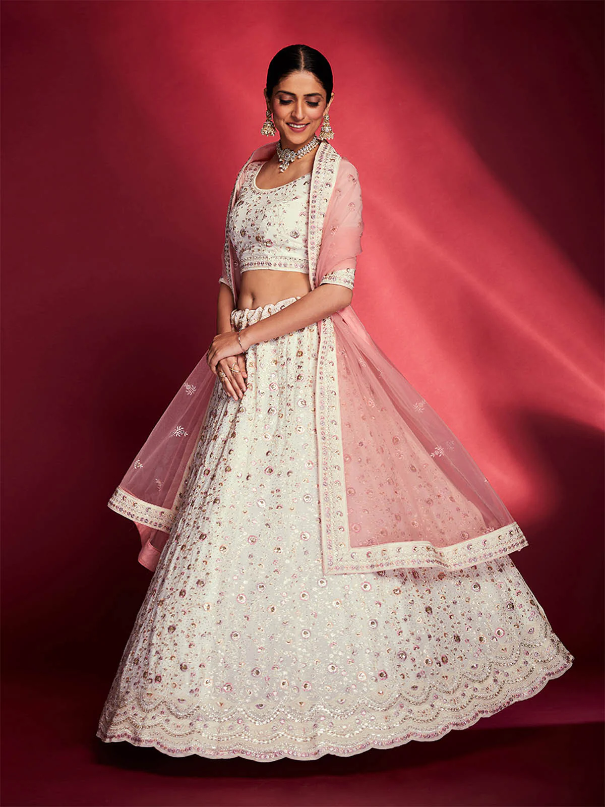 Odette Women Gorgeous White Georgette Embroidered Semi Stitched Lehenga Choli - Image 5