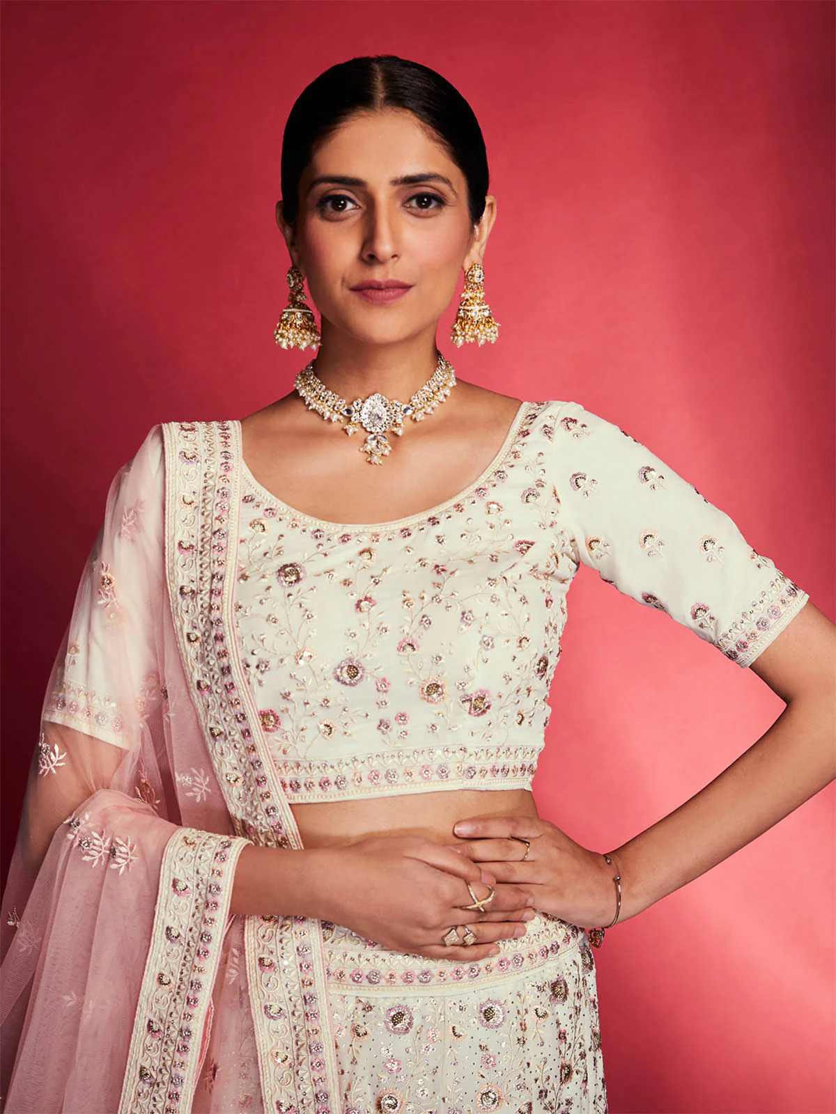 Odette Women Gorgeous White Georgette Embroidered Semi Stitched Lehenga Choli - Image 7