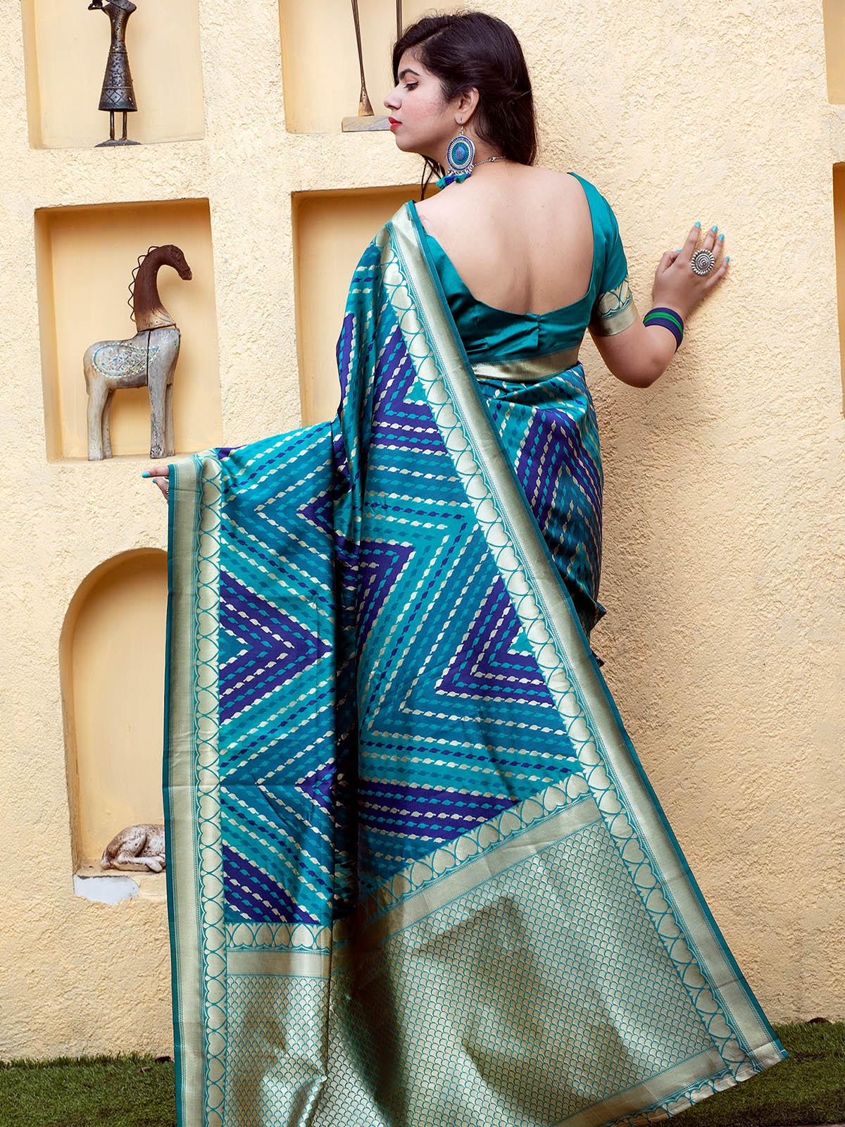 Odette Women Gorgeous Woven Blue Banarasi Silk Saree With Unstitched Blouse - Image 2