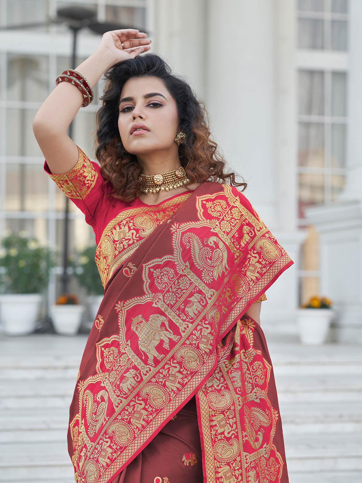 Odette Women Gorgeous Woven Brown Banarasi Silk Saree With Unstitched Blouse - Image 3