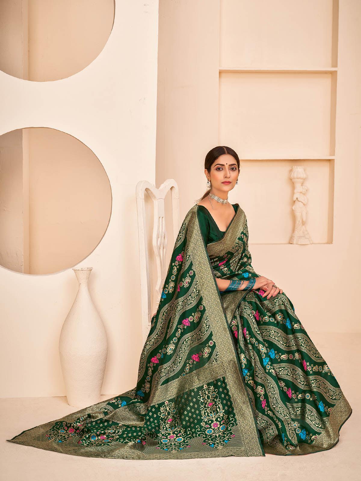Odette Women Gorgeous Woven Dark Green Banarasi Silk Saree With Unstitched Blouse - Image 2