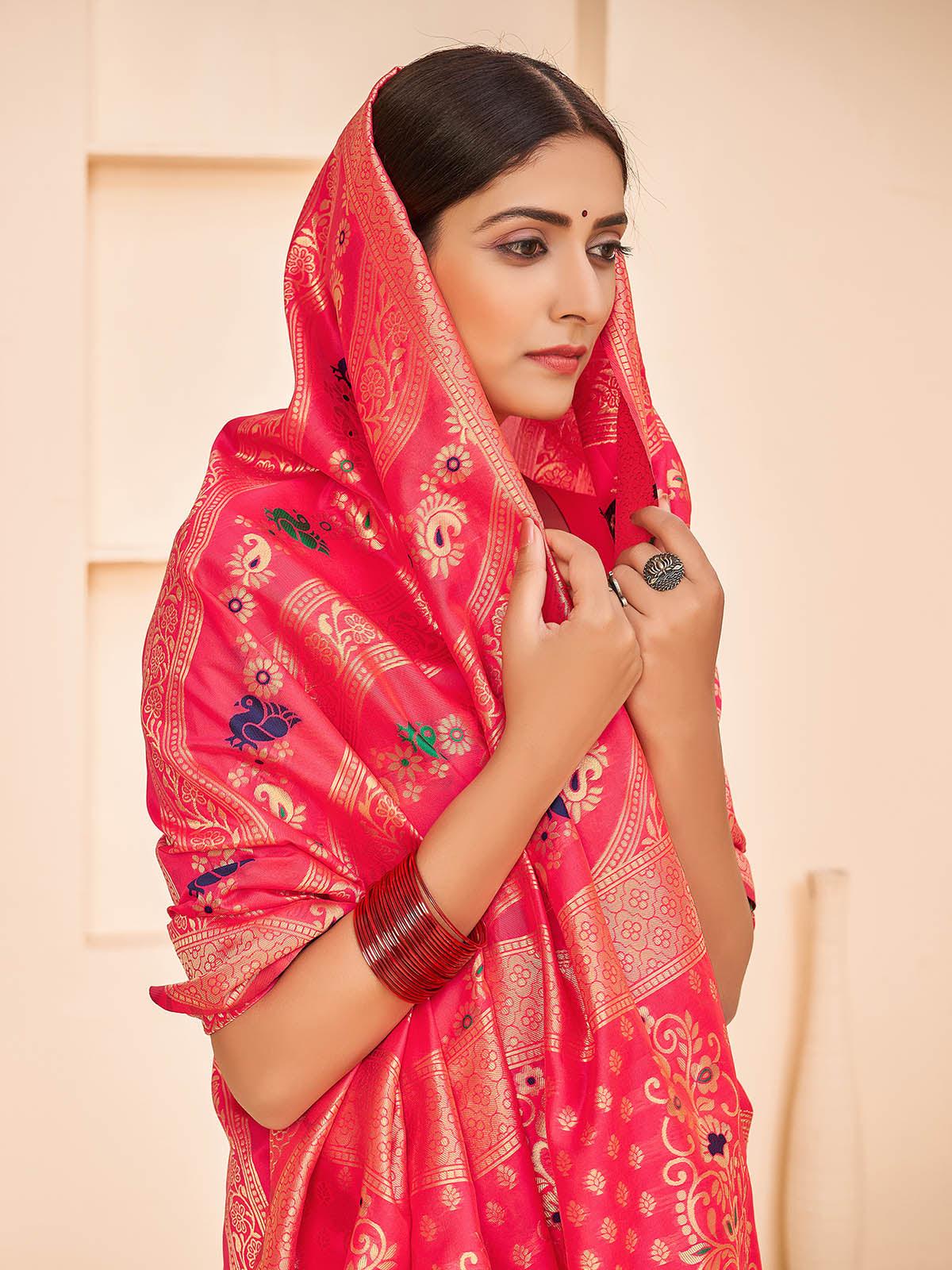 Odette Women Gorgeous Woven Deep Pink Banarasi Silk Saree With Unstitched Blouse - Image 4