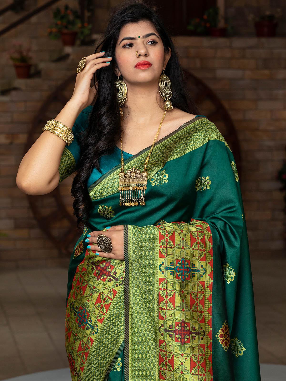 Odette Women Gorgeous Woven Green Banarasi Silk Saree With Unstitched Blouse - Image 3